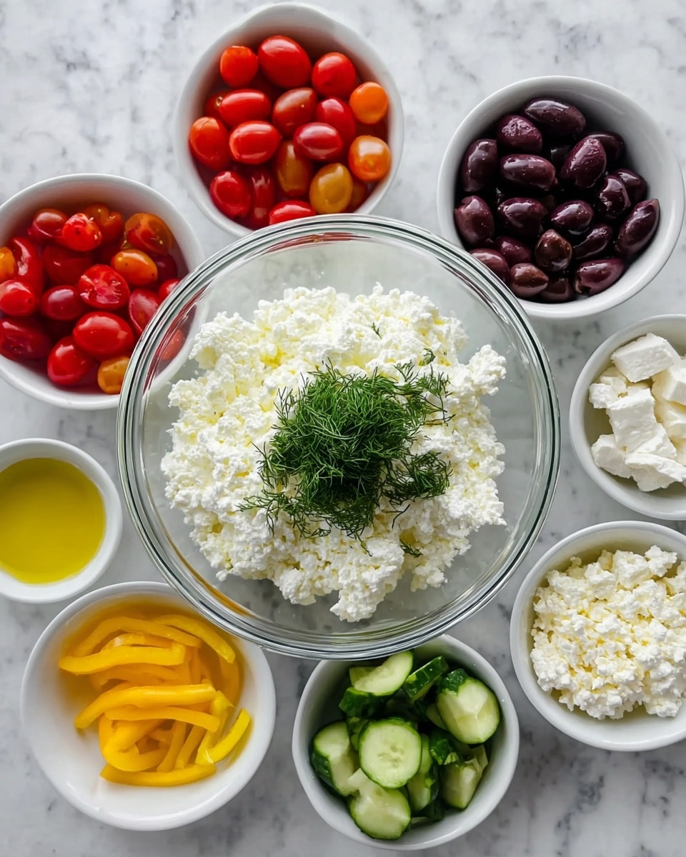 A clear glass bowl in the center holds a large amount of white cottage cheese topped with a bunch of fresh green dill. Surrounding this are six smaller white bowls: one with bright red cherry tomatoes, one filled with dark purple olives, one with yellow bell pepper strips, one with light green cucumber chunks, one with crumbled white feta cheese, and one with golden olive oil. All bowls sit on a white marbled surface, evenly spaced around the central bowl. The colors are bright and fresh, with the textures ranging from smooth olive oil to crumbly cheese and moist vegetables. photo taken with an iphone --ar 4:5 --v 7