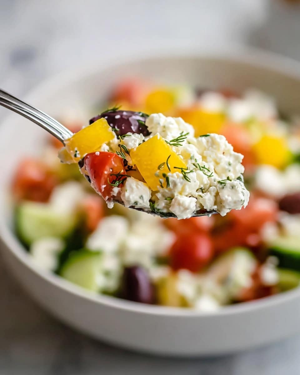 A close-up view of a spoon holding a colorful mix of white, crumbly cheese, small yellow and red cubed vegetables, and tiny green herb sprigs. The spoon is in front of a white bowl filled with a similar salad, showing layers of white cheese chunks, red and yellow vegetable cubes, light green diced pieces, and dark purple olives scattered throughout. The background is softly blurred, emphasizing the fresh textures and bright colors of the salad against a white marbled surface. photo taken with an iphone --ar 4:5 --v 7