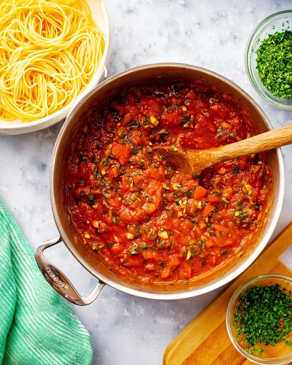 A stainless steel pot filled with chunky red tomato sauce mixed with small bits of green herbs and tiny diced garlic pieces, showing a slightly oily texture with visible moisture and herbs scattered throughout; a wooden spoon rests inside the pot, partly submerged. To the left, a white bowl holds a small nest of plain yellow spaghetti noodles. On the right side, there is a small glass bowl with chopped green herbs, sitting on a small wooden board that has extra chopped herbs around it. A pair of woman’s hands are not visible but implied holding the spoon. The background and surface is white marbled texture. photo taken with an iphone --ar 4:5 --v 7