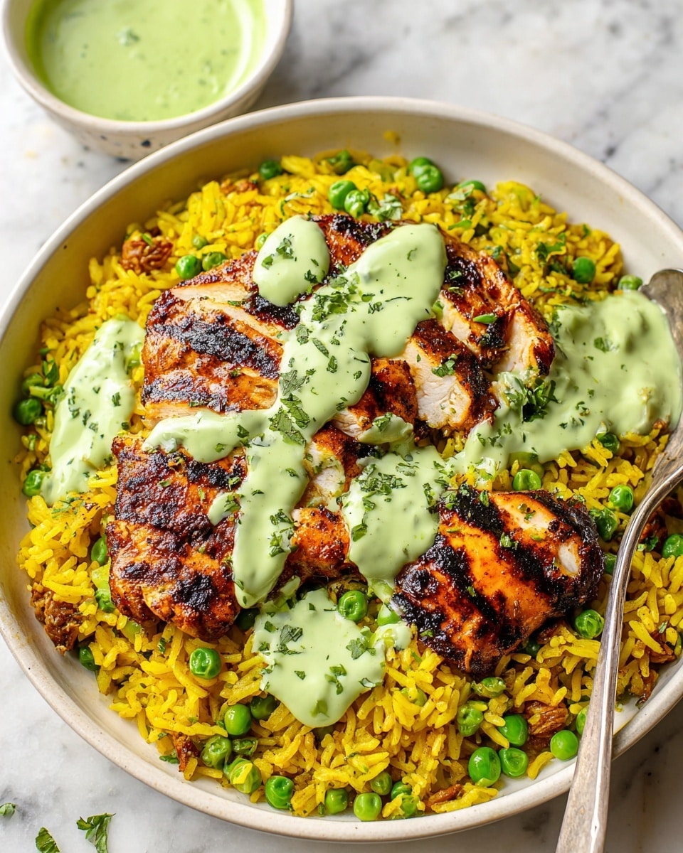 The dish is presented on a large white bowl filled with a base layer of bright yellow rice mixed with green peas, giving it a colorful and textured look. On top of the rice are two pieces of grilled chicken with a golden brown color and charred grill marks, arranged next to each other. The chicken is drizzled with a smooth, pale green sauce that looks fresh and creamy, garnished with small chopped green herbs scattered over the sauce and rice. A silver spoon rests on the edge of the bowl, partially inside the rice. Next to the bowl, there is a small white bowl with more of the green sauce. The whole scene sits on a white marbled surface. Photo taken with an iphone --ar 4:5 --v 7