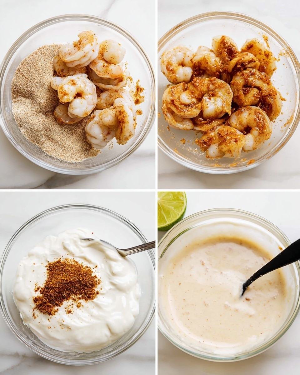 The images show four steps of making a shrimp mixture and sauce in clear glass bowls on a white marbled surface. The first bowl has raw shrimp covered with light brown and beige spices layered on top. The second bowl shows the shrimp mixed, with a more even coating of reddish-brown seasoning, and a lime and spoon visible. The third bowl contains white creamy thick yogurt with a small pile of brown spice mixture on one side. The fourth bowl shows a smooth, light beige, thin sauce with visible spices and a black spoon resting inside. Photo taken with an iphone --ar 4:5 --v 7