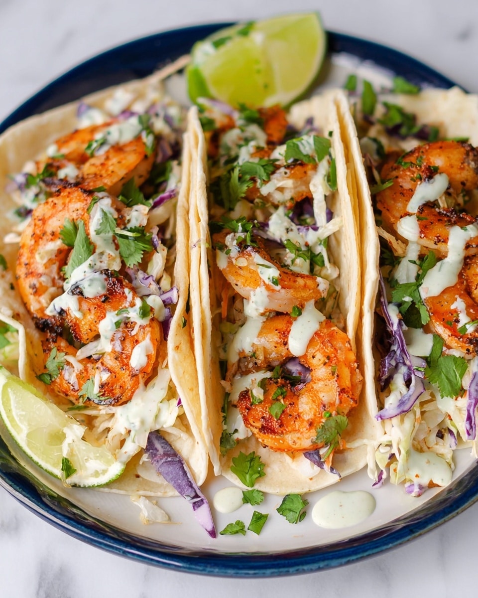 Three shrimp tacos are arranged closely on a white plate with a blue edge. Each taco has a soft white tortilla folded around layers starting with bright orange grilled shrimp with some darker charred spots, mixed with light, creamy shredded cabbage, some purple cabbage pieces, and fresh green cilantro leaves scattered on top. The tacos are drizzled with a light creamy sauce, and a wedge of green lime rests on the plate near the tacos. The plate is placed on a white marbled surface with a few small sauce drops around it. Photo taken with an iphone --ar 4:5 --v 7