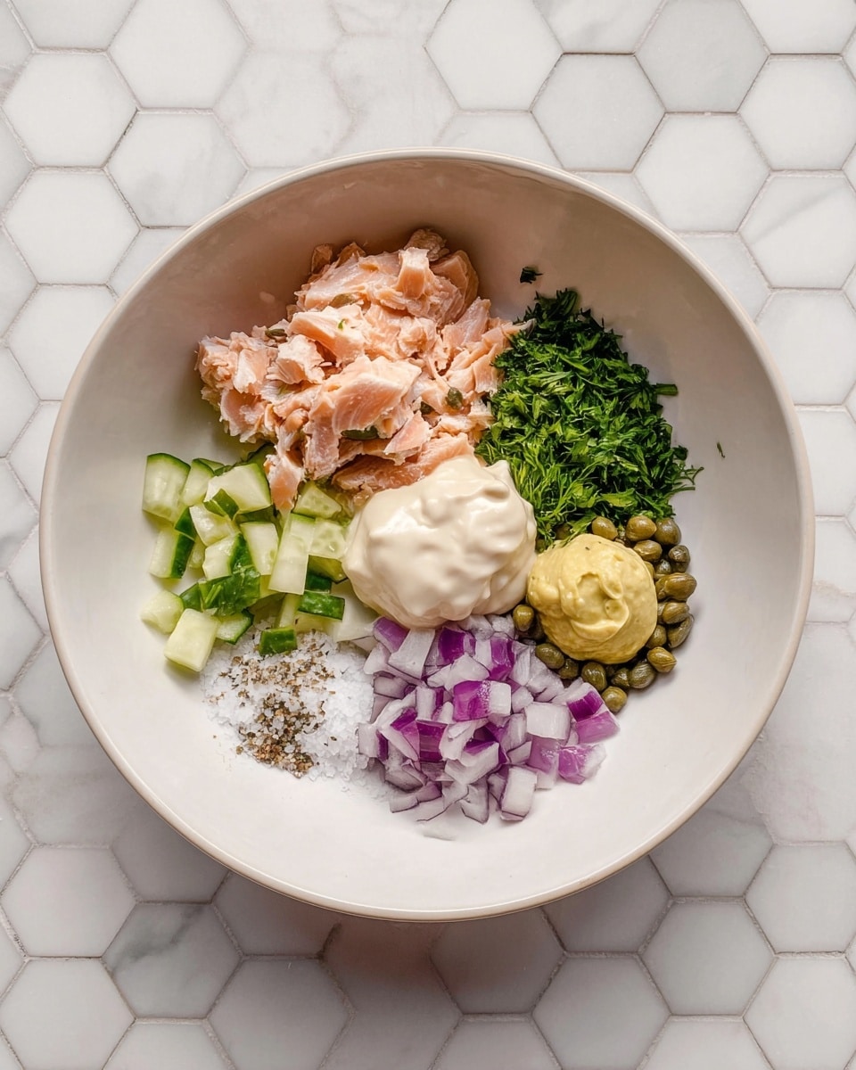 A round white bowl sits on a white marbled hexagon tiled surface, filled with seven separate ingredients. On the left, light pink flaky cooked fish pieces form a large chunk. Next to it is a bright green pile of chopped herbs. Moving right, a dollop of pale yellow mustard sits against a large smooth white scoop of mayonnaise. Below the mayonnaise, small green capers rest on diced purple-red onions. To the left of the onions are pale green diced cucumbers sprinkled with black pepper, and near the bottom center is a small pile of coarse white salt. The ingredients form neat, colorful clusters inside the bowl. Photo taken with an iphone --ar 4:5 --v 7