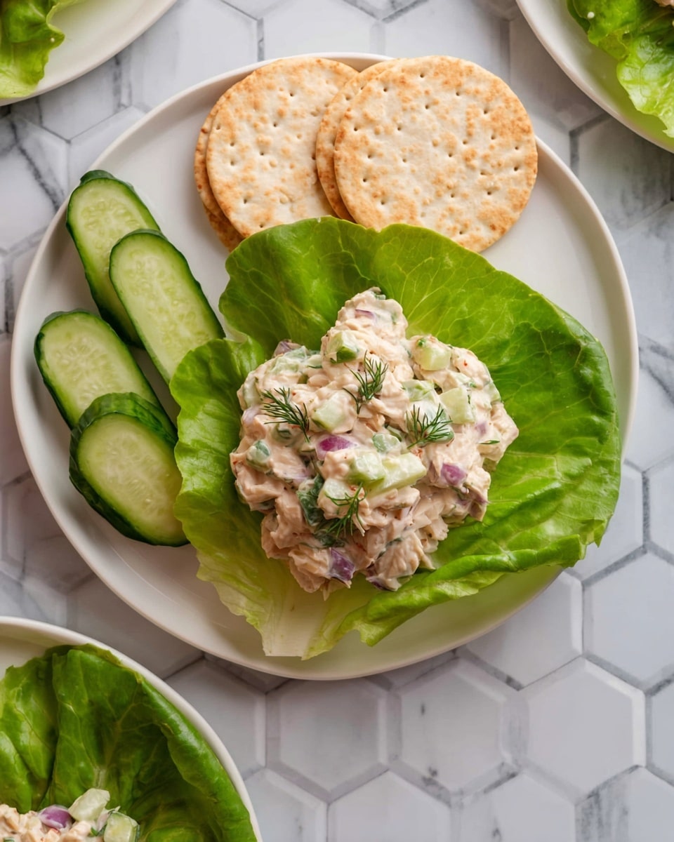 A small pile of creamy salad mixed with small green cucumber pieces, pale purple onion bits, and green herbs sits in the center of a large green lettuce leaf, which rests on a white plate. To the right of the salad on the plate, there are three round pale crackers with light brown toasted spots. To the left of the salad, there are several fresh cucumber sticks with dark green skin. The surface under the plate is a white marbled texture with a hexagonal pattern. photo taken with an iphone --ar 4:5 --v 7