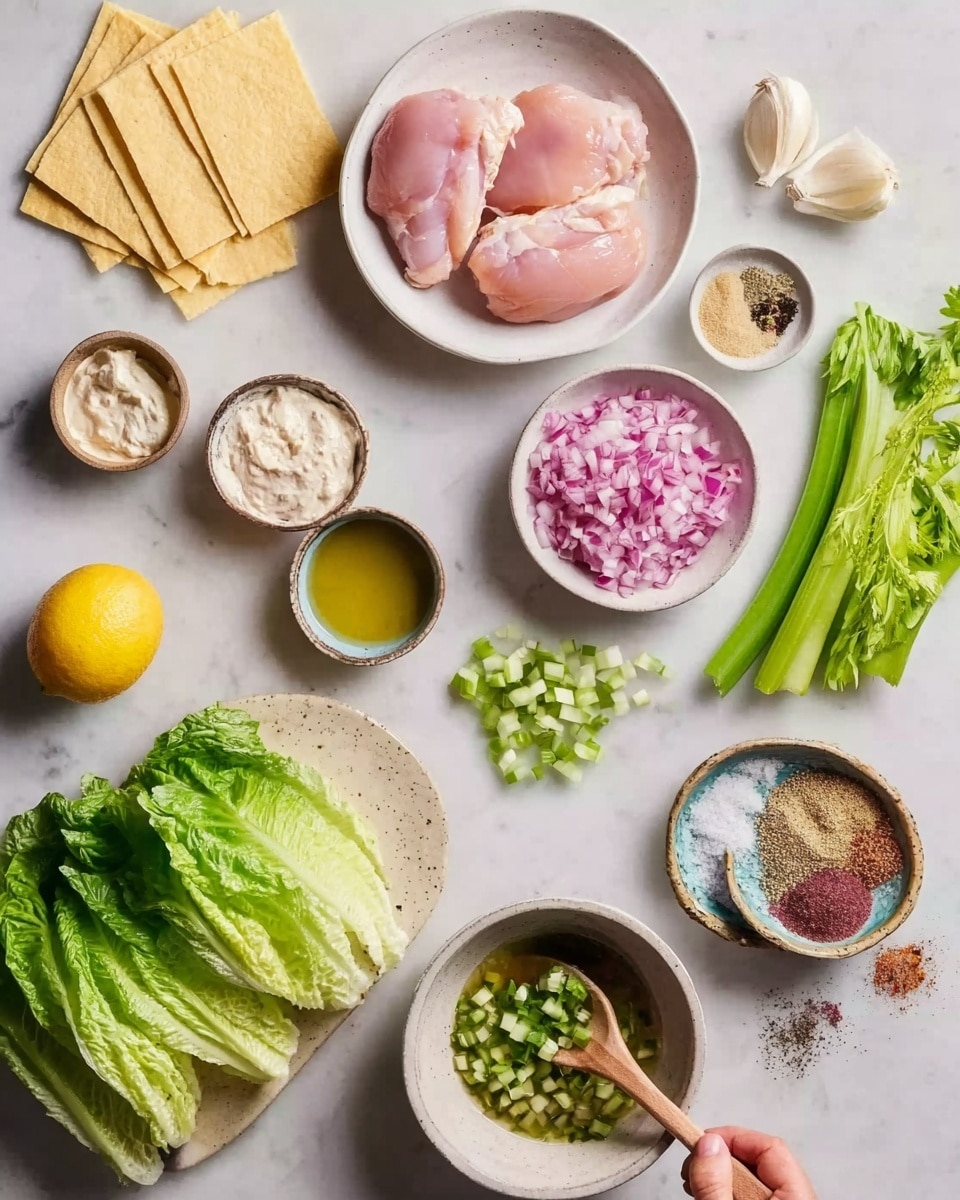 Chicken Mayonnaise Sandwich Recipe 4 The image shows a top view of various fresh ingredients arranged on a white marbled surface. In the center left, there are three pink raw chicken pieces placed in a small white bowl. Around the bowl, there are layers of light yellow square slices of bread or tortillas, fresh green romaine lettuce leaves, and celery pieces. There are three small dishes: one with a light beige sauce, one with a purple onion mixture, and one with green diced vegetables. A larger white bowl holds a mix of spices and seasonings on the bottom right. A lemon sits near the center top, close to a small white bowl of olive oil with a wooden spoon. A woman’s hand is holding a wooden spoon in the olive oil bowl. The whole scene is well-lit and clear. photo taken with an iphone --ar 4:5 --v 7