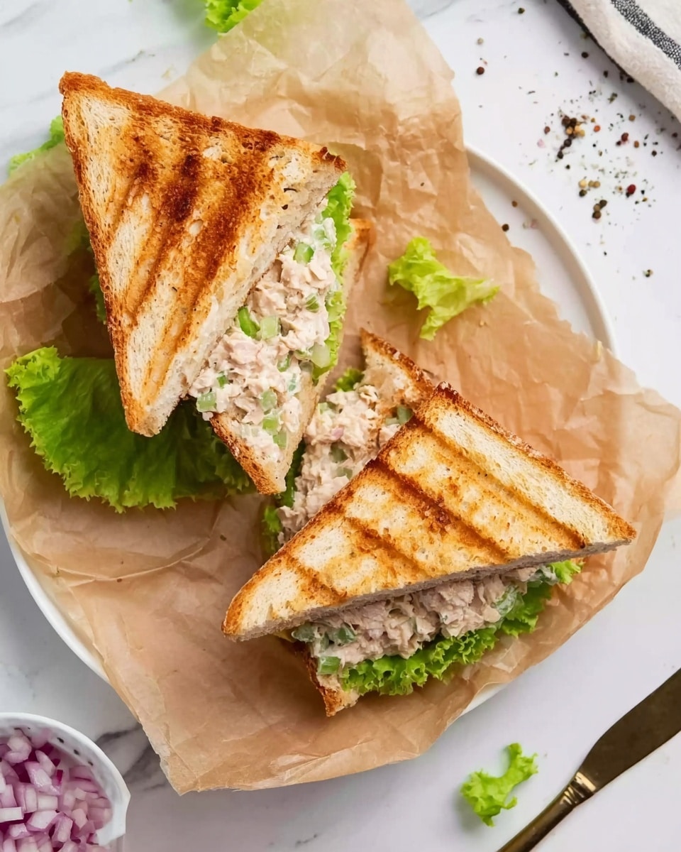 The image shows two toasted triangular sandwich halves placed on a piece of wrinkled brown paper over a white plate. Each sandwich is filled with a creamy mixture containing small bits of tuna and finely chopped celery, accompanied by fresh bright green lettuce leaves peeking slightly out from the fillings. The toasted bread has a golden-brown texture with visible light grill marks. Around the plate, there are scattered small pieces of lettuce and a sprinkling of black pepper, along with a butter knife lying on a white marbled surface. A small white bowl filled with finely chopped red onions is partly visible in the corner. Photo taken with an iphone --ar 4:5 --v 7