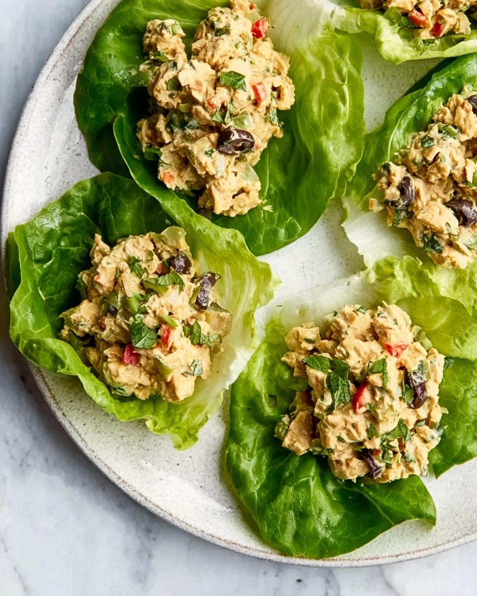 The image shows four green lettuce leaves arranged on a large white plate with a white marbled texture background. Each lettuce leaf holds a scoop of a chunky chicken salad mixture that has a creamy light yellow color with visible small pieces of dark olives, red bell peppers, and green herbs sprinkled on top. The chicken pieces are small and unevenly shaped, mixed in a creamy dressing that fills the center of each leaf. A woman's hand is seen just touching the plate from the top left corner. Photo taken with an iphone --ar 4:5 --v 7