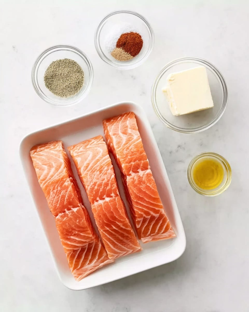 The image shows four pieces of raw salmon fillets with bright orange and light pink stripes, placed neatly side by side in a plain white rectangular tray. Surrounding the tray are five small clear glass bowls, each containing a different ingredient: a greenish-grey powder, a reddish-brown spice mix, plain white salt, a small amount of golden yellow oil, and a thick off-white butter slab. All items rest on a clean white marbled surface, arranged in a simple layout with good spacing. photo taken with an iphone --ar 4:5 --v 7