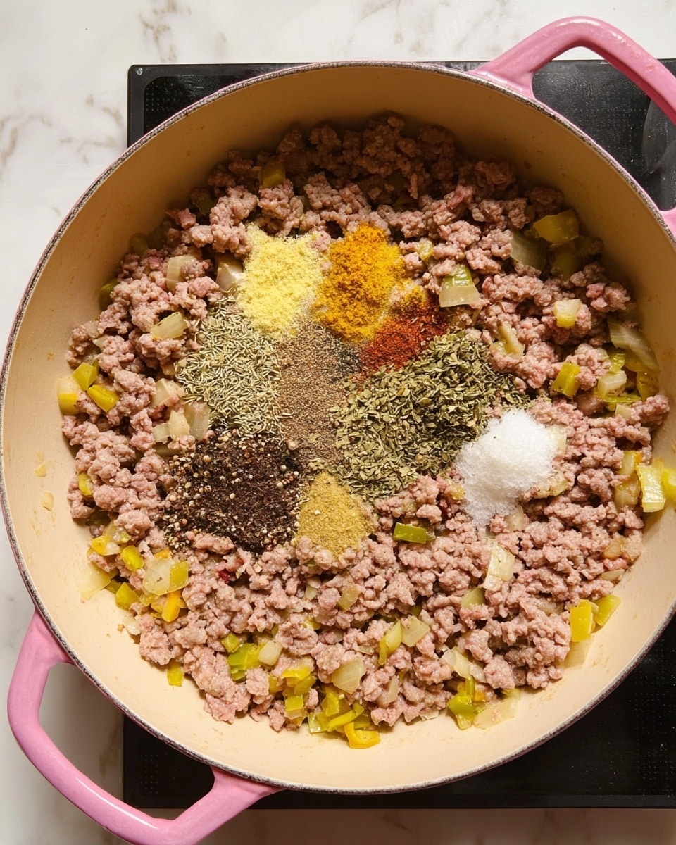 A top-down view of a beige pan with pink handles filled with cooked ground meat mixed with small pieces of yellow and green bell peppers and onions. On top, there are five separate piles of spices and herbs including minced garlic, black pepper, salt, dried oregano, and paprika, each distinctly placed but not yet stirred in. The pan rests on a black stove surface with a white marbled countertop in the background photo taken with an iphone --ar 4:5 --v 7