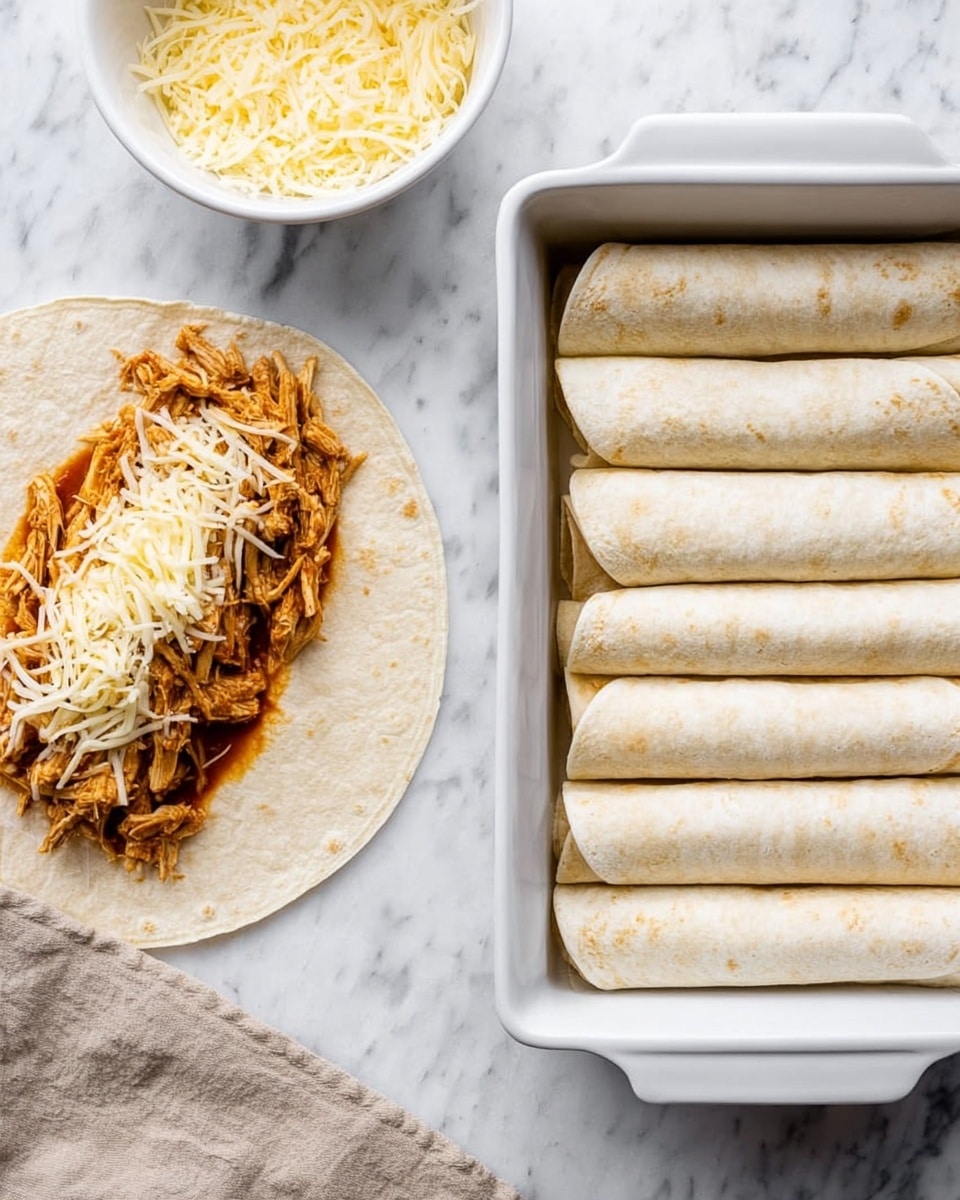 On the left side, there is an open soft tortilla on a white marbled surface, with one layer of shredded cheese that is pale yellow and white, topped with a pile of shredded chicken that has a reddish-brown sauce. A white bowl with more shredded cheese is partly visible above. On the right side, six rolled tortillas are lined up evenly in a white rectangular baking dish, placed on a white marbled surface. The tortillas are light beige with a soft texture, and they are tightly wrapped with the filling inside. A beige cloth is partly visible at the bottom left. photo taken with an iphone --ar 4:5 --v 7