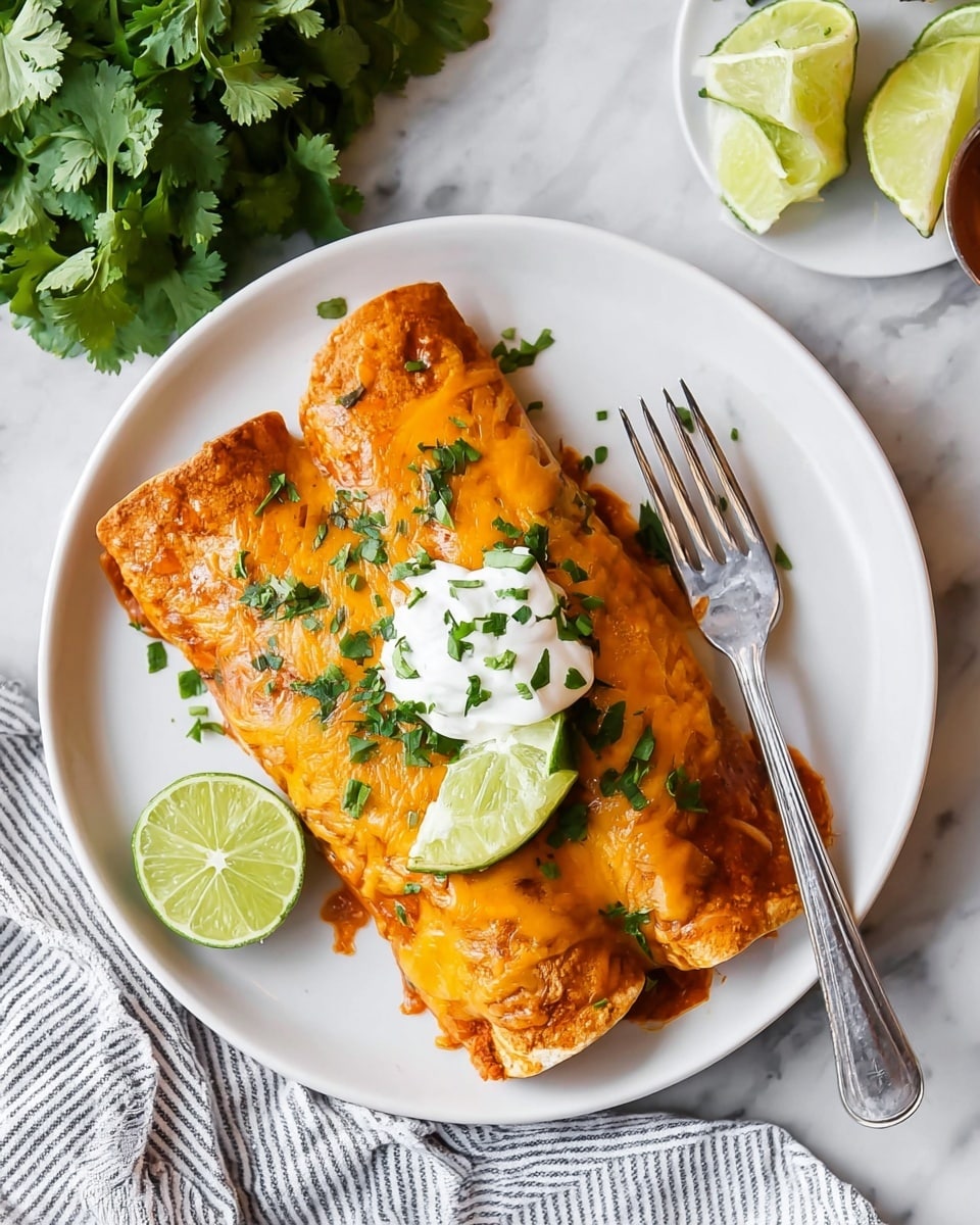 The image shows two rolled enchiladas placed side by side on a white plate, covered with melted orange cheese and red sauce. On top of the enchiladas, there is a dollop of white sour cream and a fresh green lime wedge resting next to it. Small pieces of chopped green cilantro are sprinkled over the top, adding a fresh touch. A silver fork is placed on the right side of the plate. In the background, there are extra lime wedges near the bottom left and a bunch of fresh cilantro at the top left, all sitting on a white marbled surface. A striped cloth napkin is partially visible at the bottom right corner. Photo taken with an iphone --ar 4:5 --v 7