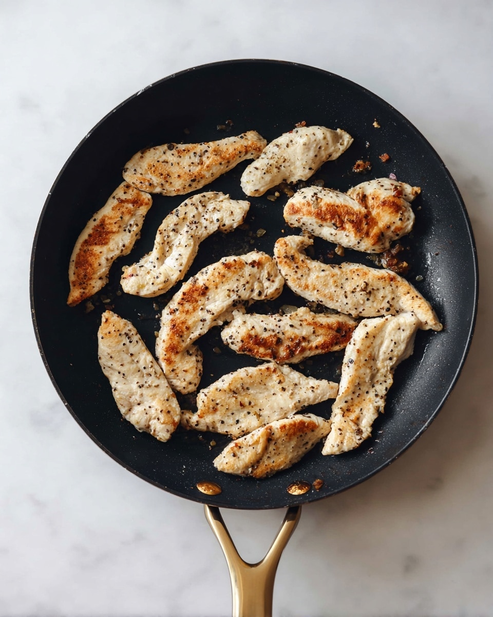 A black frying pan with a gold handle holds ten pieces of cooked chicken strips. The chicken pieces are light golden brown with some darker seared spots, showing a textured surface with specks of black pepper. They are arranged in a circle inside the pan with a few small browned bits in the pan's center. The background is a white marbled surface. photo taken with an iphone --ar 4:5 --v 7