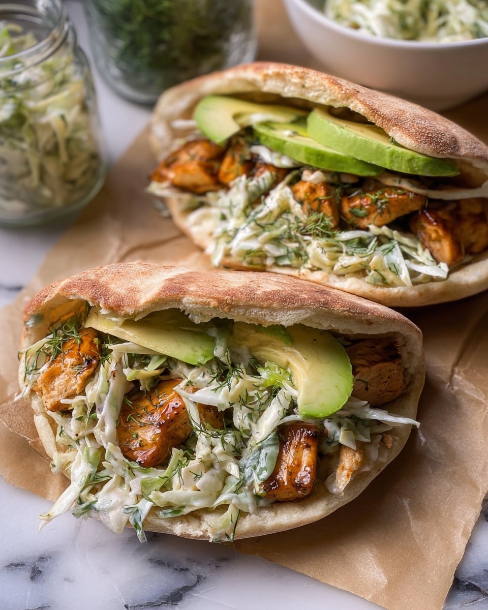 Two pita sandwiches are shown on a white marbled surface lined with brown paper. Each pita is split open and filled with three main layers: the bottom layer has creamy coleslaw with shredded white cabbage and green herbs, the middle layer features golden-brown glazed chunks of chicken, and the top layer contains slices of fresh, light green avocado. The pita bread itself is light brown with a soft texture. The background includes a small glass jar with green herbs and a white bowl full of extra coleslaw. Photo taken with an iphone --ar 4:5 --v 7