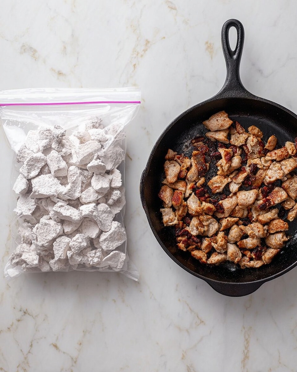 The image shows two parts: on the left, there is a clear plastic zip-lock bag filled with small pieces of meat coated in white flour, placed on a white marbled surface; on the right, those same pieces of meat are cooked, browned, and spread evenly in a black cast iron skillet on the same white marbled surface. The cooked meat pieces have a mix of dark golden-brown and light brown colors with a crispy texture visible. photo taken with an iphone --ar 4:5 --v 7