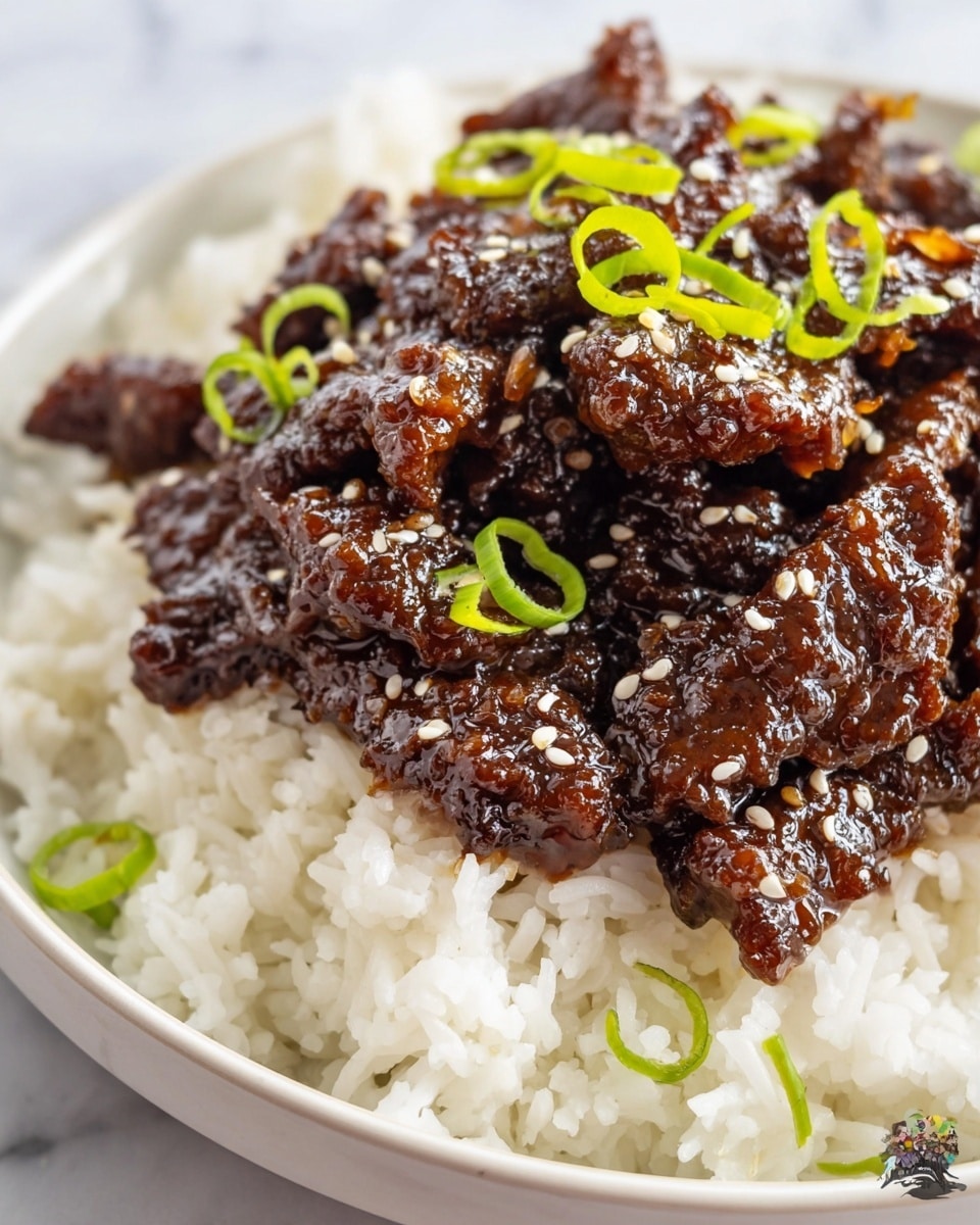 The dish shows two main layers: the bottom layer is white steamed rice with a soft, fluffy texture and small, slightly separate grains filling the white plate. On top is a thick layer of dark brown, shiny beef slices covered in a rich, glossy sauce, which looks sticky and thick. The beef pieces are irregular in shape and glisten under the light, with small white sesame seeds sprinkled over them. Bright green, thinly sliced rings of scallion are scattered on top as garnish, adding a fresh pop of color. The whole dish is presented on a white plate sitting on a white marbled surface. photo taken with an iphone --ar 4:5 --v 7