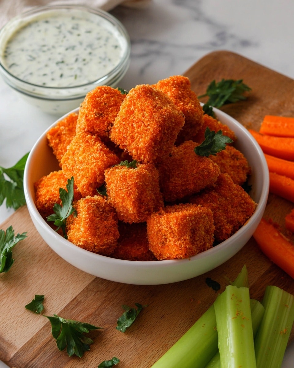 The image shows a white bowl full of crispy, bright orange breaded cubes stacked high, with a few green parsley leaves peeking out between the pieces, placed on a wooden board. Around the bowl, there are fresh green celery sticks to the right, fresh orange carrot sticks to the left, and small bunches of green parsley scattered on the board. In the top left corner, a glass bowl filled with white ranch dip speckled with herbs sits partly visible. The whole set is on a white marbled surface. photo taken with an iphone --ar 4:5 --v 7