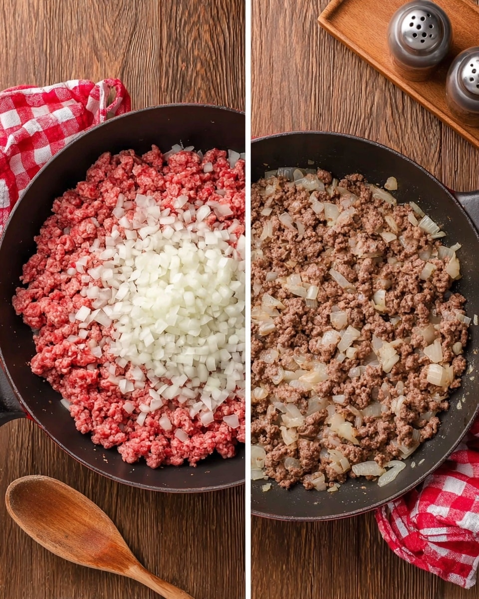 Two side-by-side images show a black skillet on a wooden surface with a white marbled texture. The left image features raw ground meat topped with chopped white onions spread evenly, creating two layers: a pinkish-red meat base and a white onion layer on top. The right image shows the same skillet with cooked browned ground meat mixed with translucent cooked onions, blending into one textured layer with light brown and off-white colors. A red and white checkered cloth is partially visible under the skillet, along with a wooden spoon and a tray holding salt and pepper shakers in the background. Photo taken with an iphone --ar 4:5 --v 7