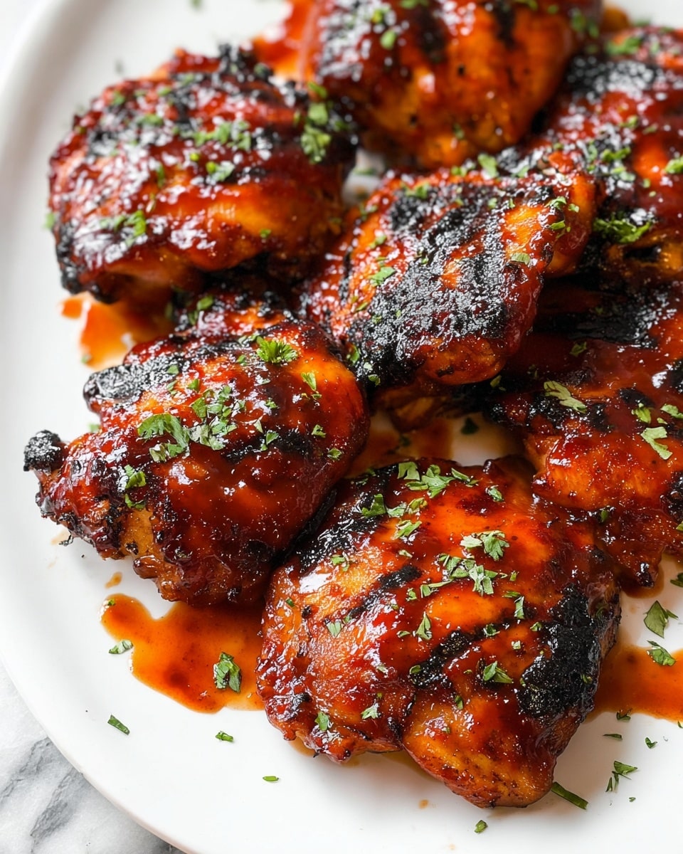 A close-up view of a white plate filled with several pieces of grilled chicken thighs, each coated in a shiny, reddish-brown barbecue sauce with a slightly sticky texture. The chicken pieces have dark charred edges and grill marks, adding a rough texture in places. Sprinkled fresh green herbs are scattered on top of the thighs and around the plate, with some sauce dripping lightly onto the white plate. The background has a white marbled texture. photo taken with an iphone --ar 4:5 --v 7