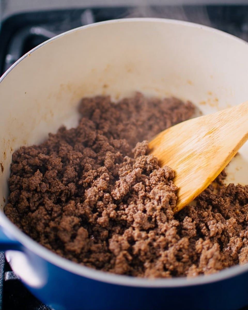 Inside a large white pot, there is one main layer of cooked ground beef. The beef is brown and crumbly, with some small bits closely packed together. A wooden spoon with a flat rounded end is partly visible, resting on the right side inside the pot, stirring the beef. The pot is on a stove, and the background shows a blue-black stove surface. The photo shows slight steam rising, adding a sense of heat and cooking action. Photo taken with an iphone --ar 4:5 --v 7