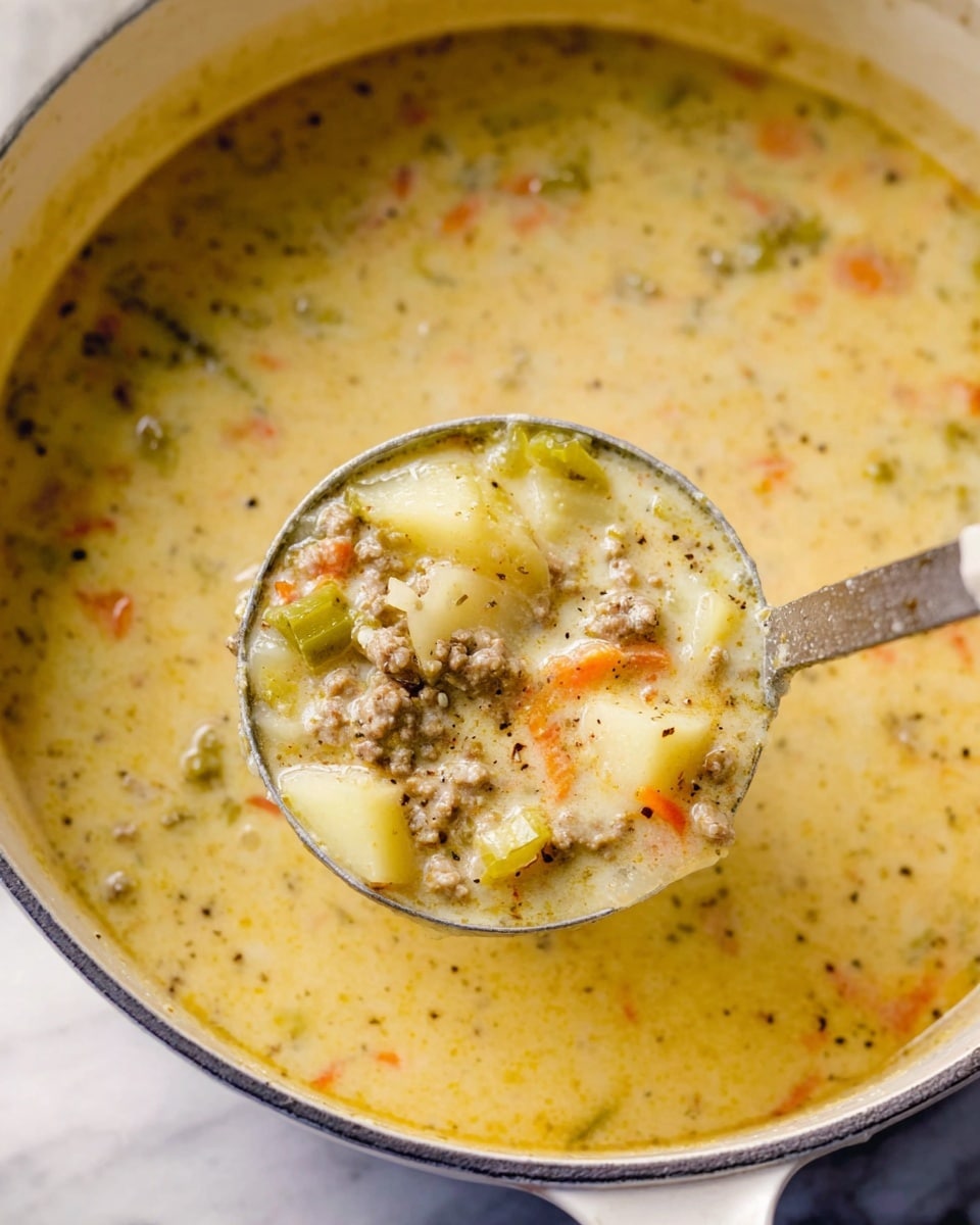 A ladle lifts thick creamy soup from a white pot filled with a rich, pale yellow broth. Inside the soup are small chunks of light yellow potatoes and green celery pieces, mixed with bits of browned ground meat and specks of orange carrot shreds. The soup has a smooth, slightly chunky texture with visible black pepper flecks scattered throughout. The white pot rests on a white marbled surface. photo taken with an iphone --ar 4:5 --v 7