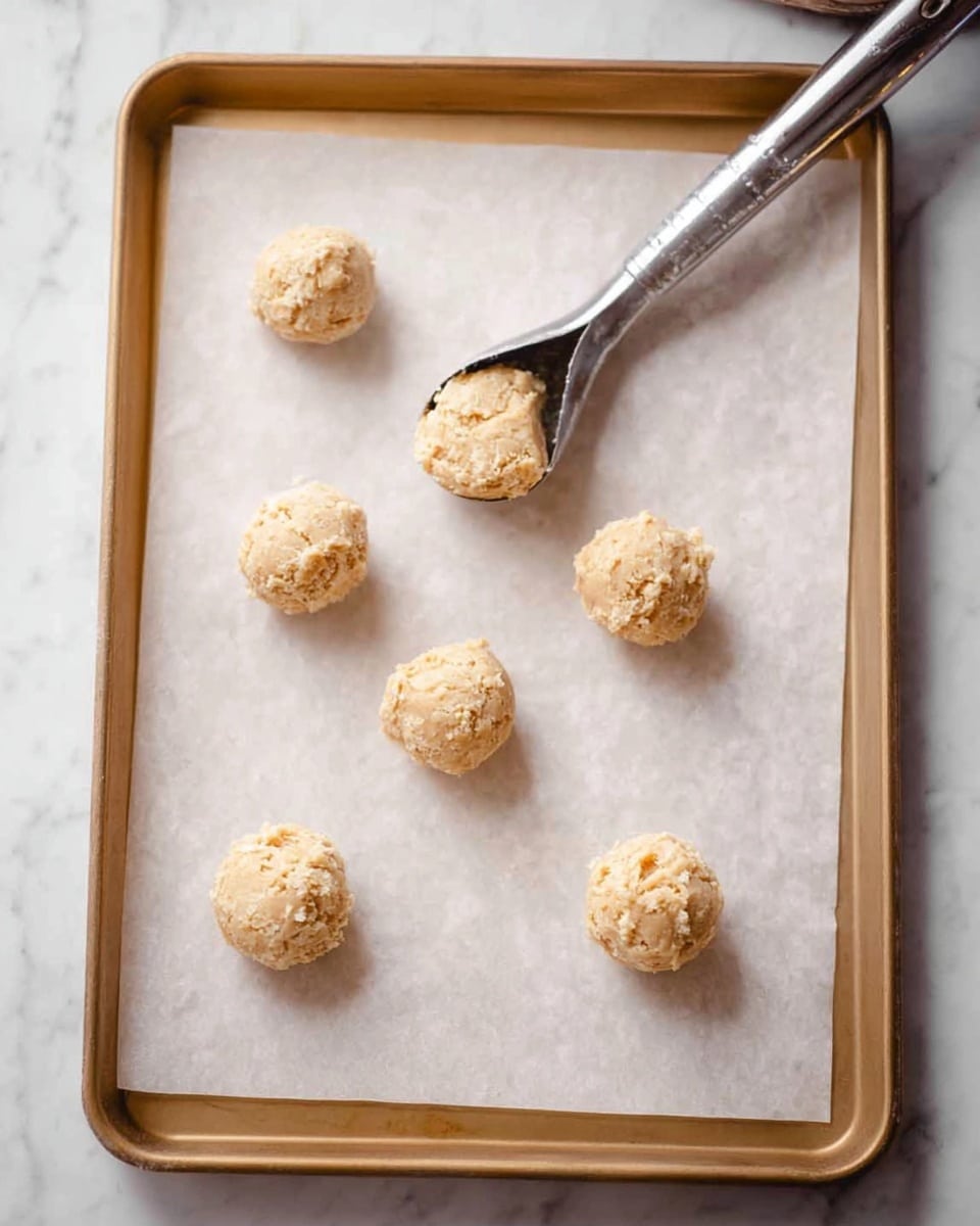 There is a gold large rectangular baking tray lined with white parchment paper on a white marbled surface. On the paper are seven small, round dough balls spaced evenly in two columns, each ball having a rough, light beige texture with small bits sticking out. A silver metal scooper is placing the eighth dough ball on the top right side. The dough looks thick and fluffy. photo taken with an iphone --ar 4:5 --v 7
