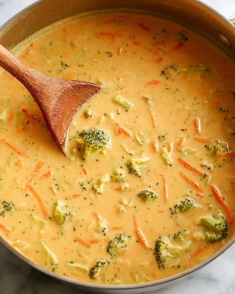 A close-up of a thick, creamy soup with a light orange color, filled with small pieces of green broccoli florets and thin orange carrot strips evenly spread throughout. The soup has a smooth texture with visible bits of onions and celery adding small white and light green patches. A wooden spoon is stirring the mixture, dipping into the soup and showing its creamy, rich consistency. The pot containing the soup is metallic and round, placed on a white marbled surface. photo taken with an iphone --ar 4:5 --v 7