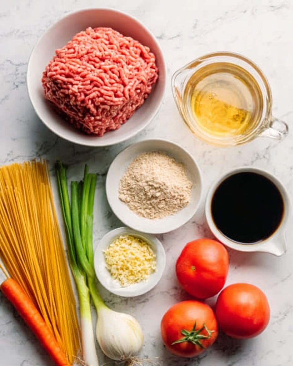 The image shows a white bowl filled with raw ground meat placed near a bundle of uncooked yellow noodles. Next to these are a small white bowl of light tan powder and another small white bowl with finely chopped light yellow garlic. A clear measuring cup holds a light golden liquid. There are two whole red tomatoes and a few long green onions with white tips lying beside shredded orange carrots. A white bowl with dark soy sauce is placed near the center. Everything is set on a white marbled textured surface. A woman's hand is touching one of the ingredients photo taken with an iphone --ar 4:5 --v 7