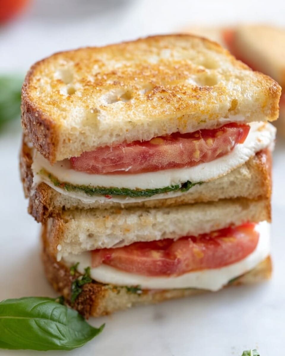 The image shows a close-up of a sandwich stacked with three main layers between two slices of toasted golden brown bread. The top slice of bread has a slightly crunchy texture with small holes. Below it is a layer of white cheese with a smooth surface and a slice of red tomato with visible seeds and moisture. The middle layer consists of another slice of toasted bread, similar in color and texture to the top slice. Underneath this, there is another layer of white cheese and a second red tomato slice. The sandwich is placed on a white marbled surface with a few green basil leaves nearby, adding a fresh touch. The photo taken with an iphone --ar 4:5 --v 7