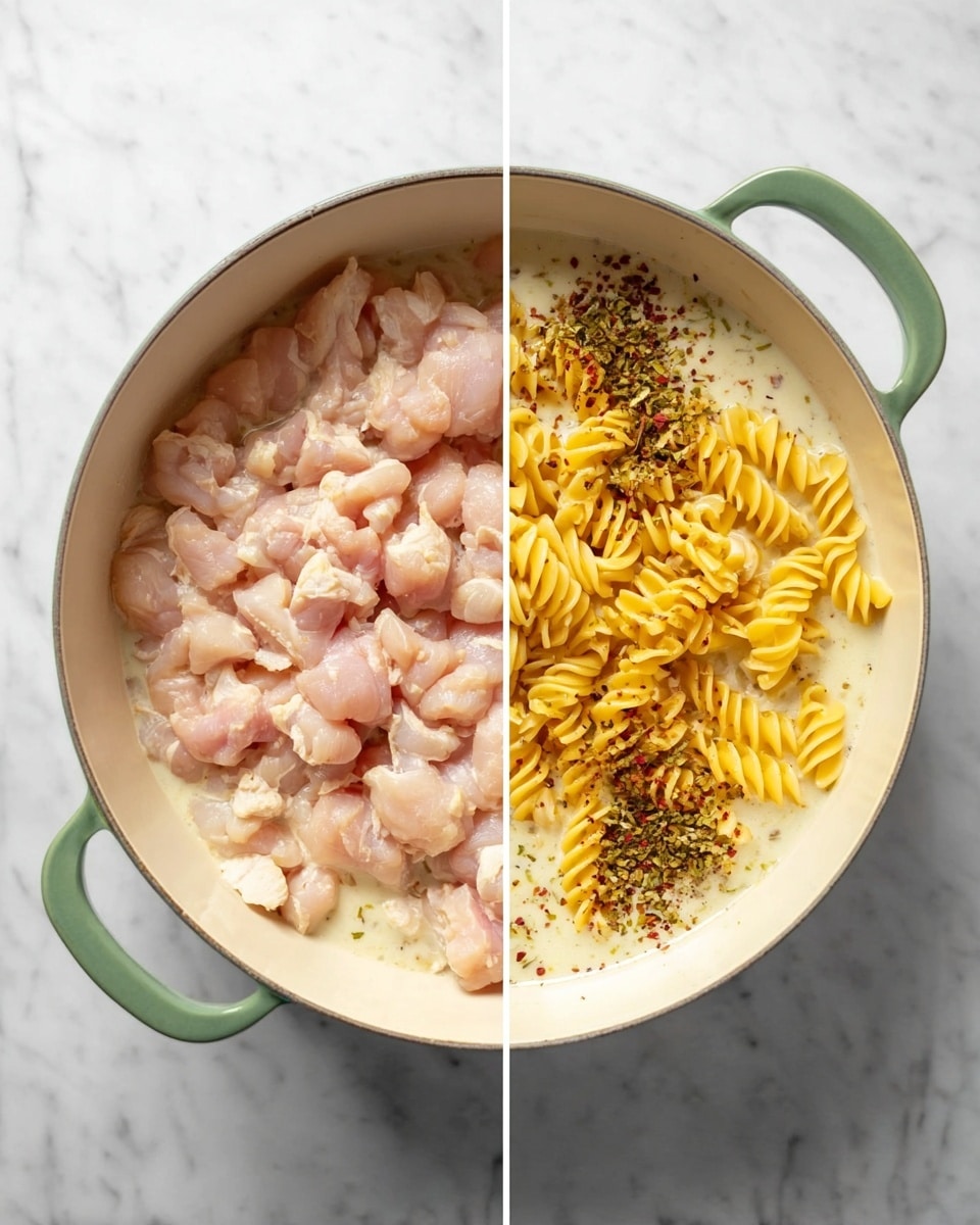 The image shows a white cooking pot placed on a white marbled surface. On the left side, the pot is filled with many small, light pink pieces of raw chicken spread evenly inside. On the right side, the same pot holds uncooked yellow spiral pasta sitting on top of a creamy white liquid, with visible sprinkles of dark green and red spices scattered on the surface around the pasta. The pot has two green handles on each side. photo taken with an iphone --ar 4:5 --v 7