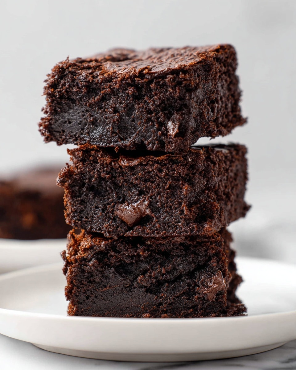 A stack of three thick, rich chocolate brownies sits on a white plate over a white marbled background. Each brownie layer shows a dense, moist dark brown texture with visible chocolate chunks inside. Between each brownie, there are small pieces of white parchment paper, adding a slight contrast. The top brownie has a textured top with slightly wavy edges. The overall look is soft and fudgy with a bit of crumbly surface photo taken with an iphone --ar 4:5 --v 7