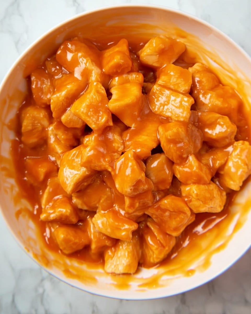 A close-up view of a white bowl filled with small, soft chicken pieces coated in a smooth, bright orange sauce. The chicken pieces are cut into small cubes, each fully covered by the thick sauce that has a shiny, slightly sticky texture. The sauce pools slightly at the bottom of the bowl, creating a rich, glossy layer underneath the chicken pieces. The bowl rests on a surface with a white marbled texture. photo taken with an iphone --ar 4:5 --v 7