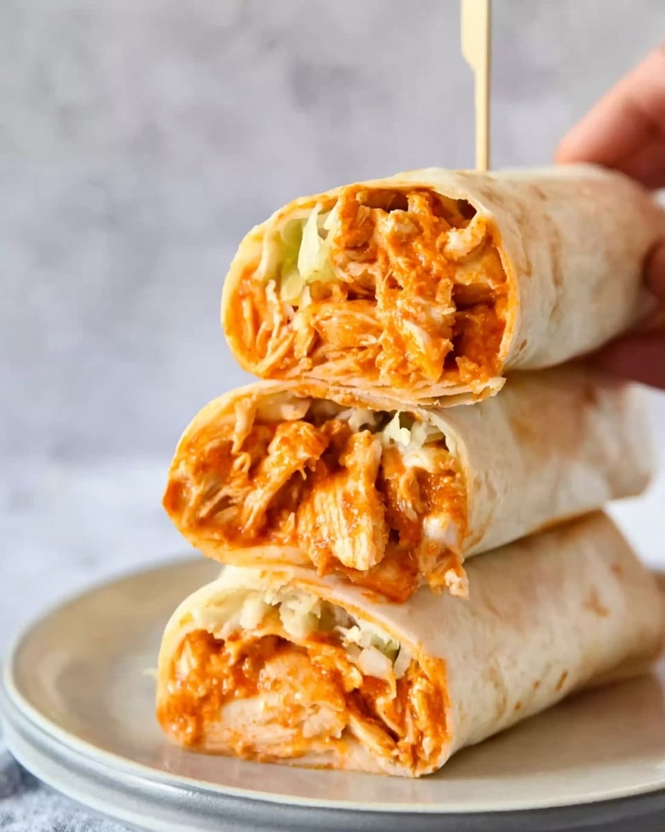 The image shows three pieces of a wrap sandwich stacked on a white plate with a white marbled background. Each piece is cut to show the inside layers, which are filled with shredded chicken mixed in a bright orange sauce. The wrap itself is soft and light-colored, slightly folded around the filling. A wooden skewer holds the pieces together. The texture inside looks moist and creamy from the sauce. A woman's hand is gently holding the top wrap piece. photo taken with an iphone --ar 4:5 --v 7
