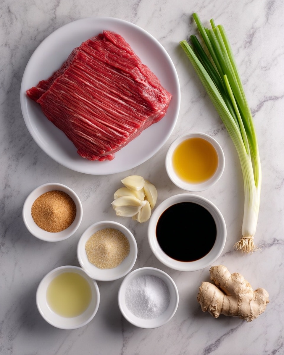 A top view of a flat square piece of raw red meat with visible lines of texture placed on a white plate at the top left. Below and surrounding it are small white bowls with different ingredients: light brown sugar, light yellow clear liquid, dark amber liquid, white powder, white liquid, and dark soy sauce, arranged neatly. To the right side, there is a small fresh ginger root, three peeled garlic cloves, and a long green onion. All items are placed on a white marbled surface with soft, natural light. Photo taken with an iphone --ar 4:5 --v 7