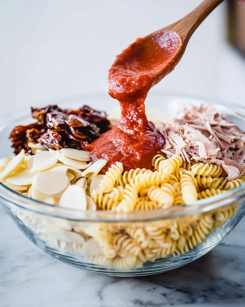 A clear glass bowl sits on a white marbled surface, filled with six distinct layers of ingredients arranged in sections. Starting from the front, there is creamy white pasta shell with a smooth texture, spiraled yellow rotini pasta to the right with a firm look, and dark brown sun-dried tomatoes beside it with a wrinkled, slightly shiny surface. Above the sun-dried tomatoes, thin white strips of sliced meat are piled, while dark brown sliced olives are placed to the left side. In the center top of the bowl, a thick bright red tomato sauce is being poured from a wooden spoon held by a woman's hand, creating a focal point of vibrant color. The setting is clean and simple, emphasizing the fresh ingredients. Photo taken with an iphone --ar 4:5 --v 7