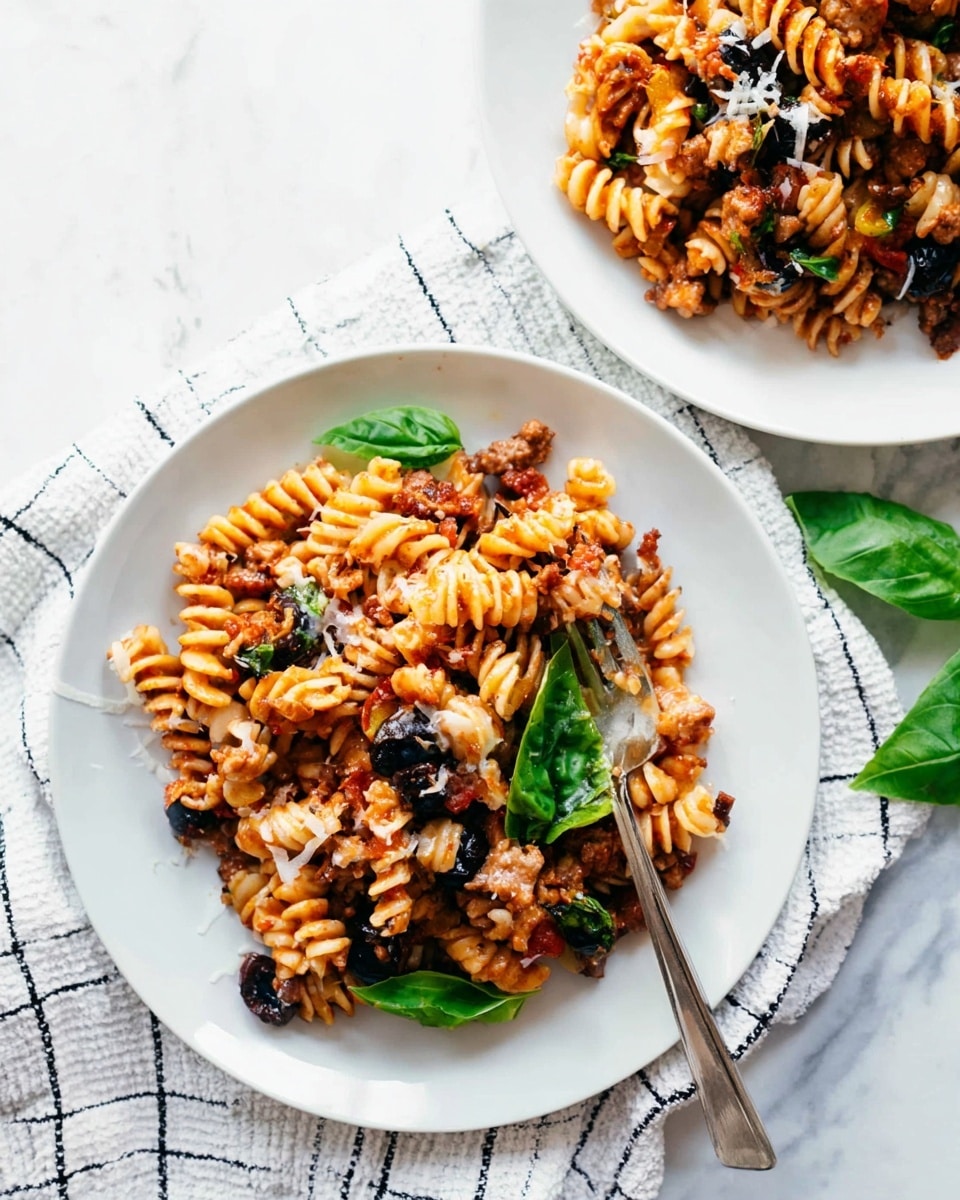 Two white plates on a white marbled surface hold servings of rotini pasta mixed with small pieces of light brown cooked meat, black olives, sun-dried tomatoes, and melted cheese that is slightly browned. The pasta is coated with a reddish sauce and garnished with whole fresh green basil leaves. A silver fork rests on the edge of the front plate, and a white cloth with a black grid pattern is placed underneath the plates. The image feels bright and fresh with a top-down view showing the texture and colors clearly photo taken with an iphone --ar 4:5 --v 7