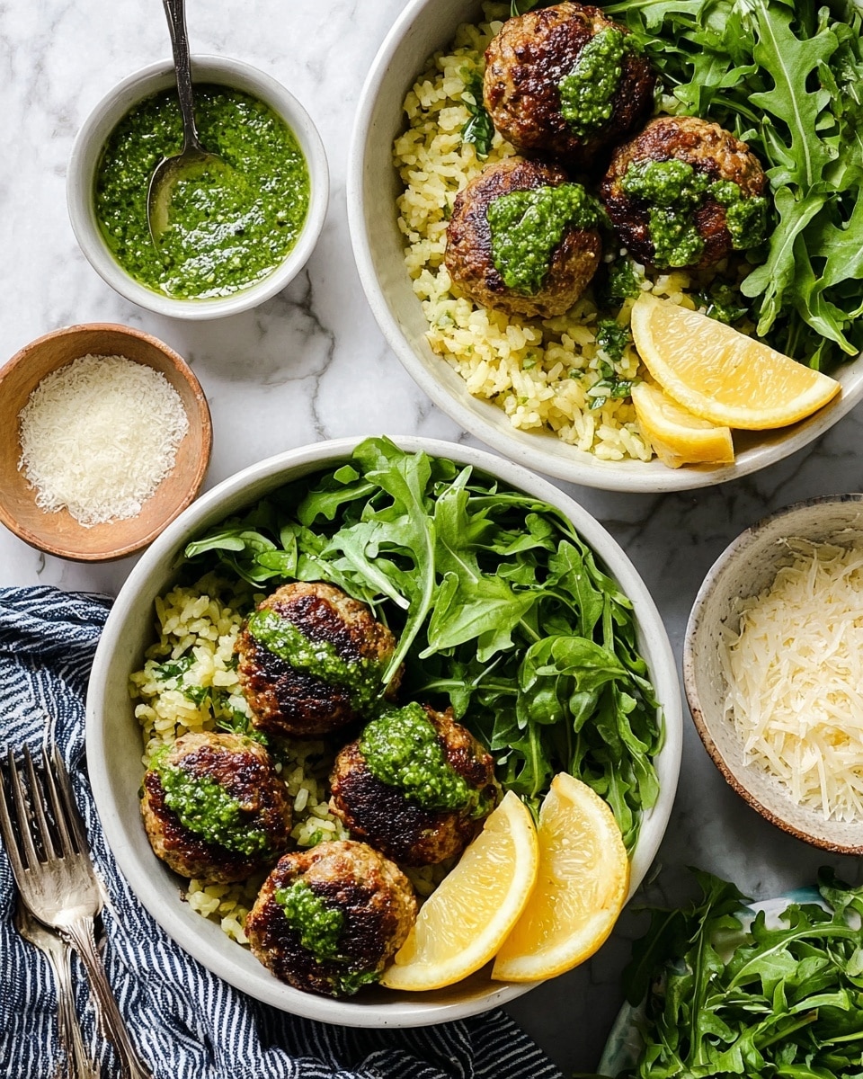Two white bowls each hold a dish with four brown, grilled meatballs that have a slightly crispy texture and are drizzled with bright green pesto sauce. Next to the meatballs in each bowl is a pile of light yellow cooked rice with some green herbs mixed in. On the other side of the bowl is a heap of fresh, vibrant green arugula leaves. Two lemon wedges with bright yellow skin and pale flesh rest on the rice next to the meatballs in the front bowl. The bowls are on a white marbled surface surrounded by small bowls, one with grated cheese and another with more green sauce. A striped cloth and some cutlery are partially visible at the bottom left. photo taken with an iphone --ar 4:5 --v 7
