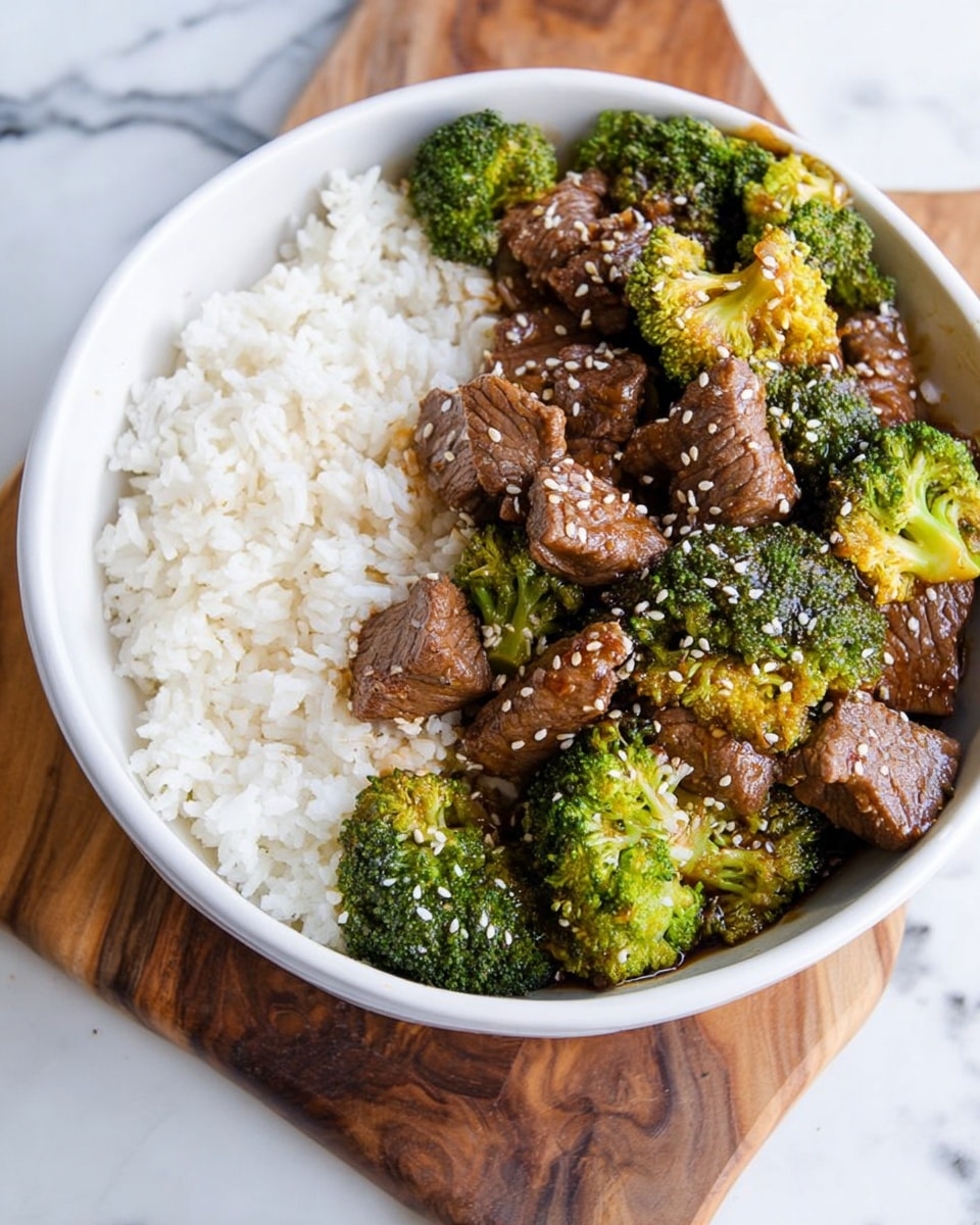 A white bowl holds a dish divided into two main parts: on one side, a bed of fluffy white rice with soft, separate grains; on the other side, chunks of brown cooked beef mixed with vibrant green broccoli florets. The beef pieces are thick and lightly glazed, with small white sesame seeds sprinkled over both the meat and broccoli, adding texture. The broccoli is fresh with a slightly rough surface and a mixture of darker and lighter green shades. The bowl sits on a wooden board, with a white marbled surface in the background. Photo taken with an iphone --ar 4:5 --v 7
