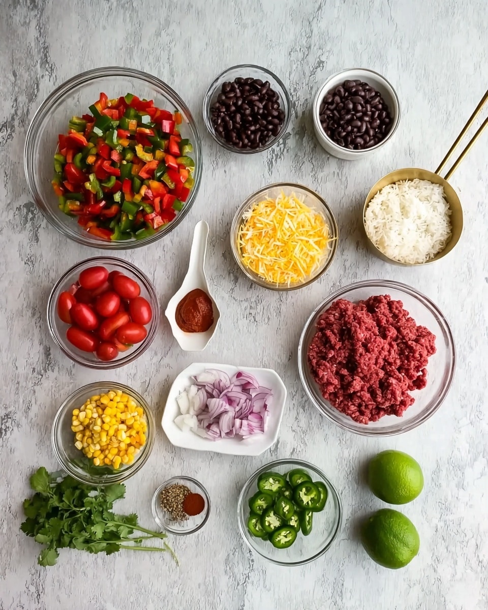 A top-down view of various cooking ingredients arranged neatly on a white marbled surface; there is one large clear glass bowl filled with mixed diced red and green peppers at the bottom left, and beside it to the right, a similar bowl filled with raw ground beef; above the beef is a small round bowl with shredded yellow and white cheese; near the top right corner is a gold handle measuring cup filled with white rice; to the left of the rice, a small bowl with red cherry tomato halves; next to that is a bowl with finely chopped red onions; above that bowl are two bowls with black beans and sweet corn; to the far left above the peppers is a small bunch of fresh cilantro; there is a spoon full of red seasoning and a tablespoon of sour cream positioned horizontally; a square white dish in the center contains mixed spices; a bowl with sliced green jalapeños sits near the middle left, and two whole green limes rest on the right, with one woman's hand holding a spoon visible at the bottom right area; photo taken with an iphone --ar 4:5 --v 7
