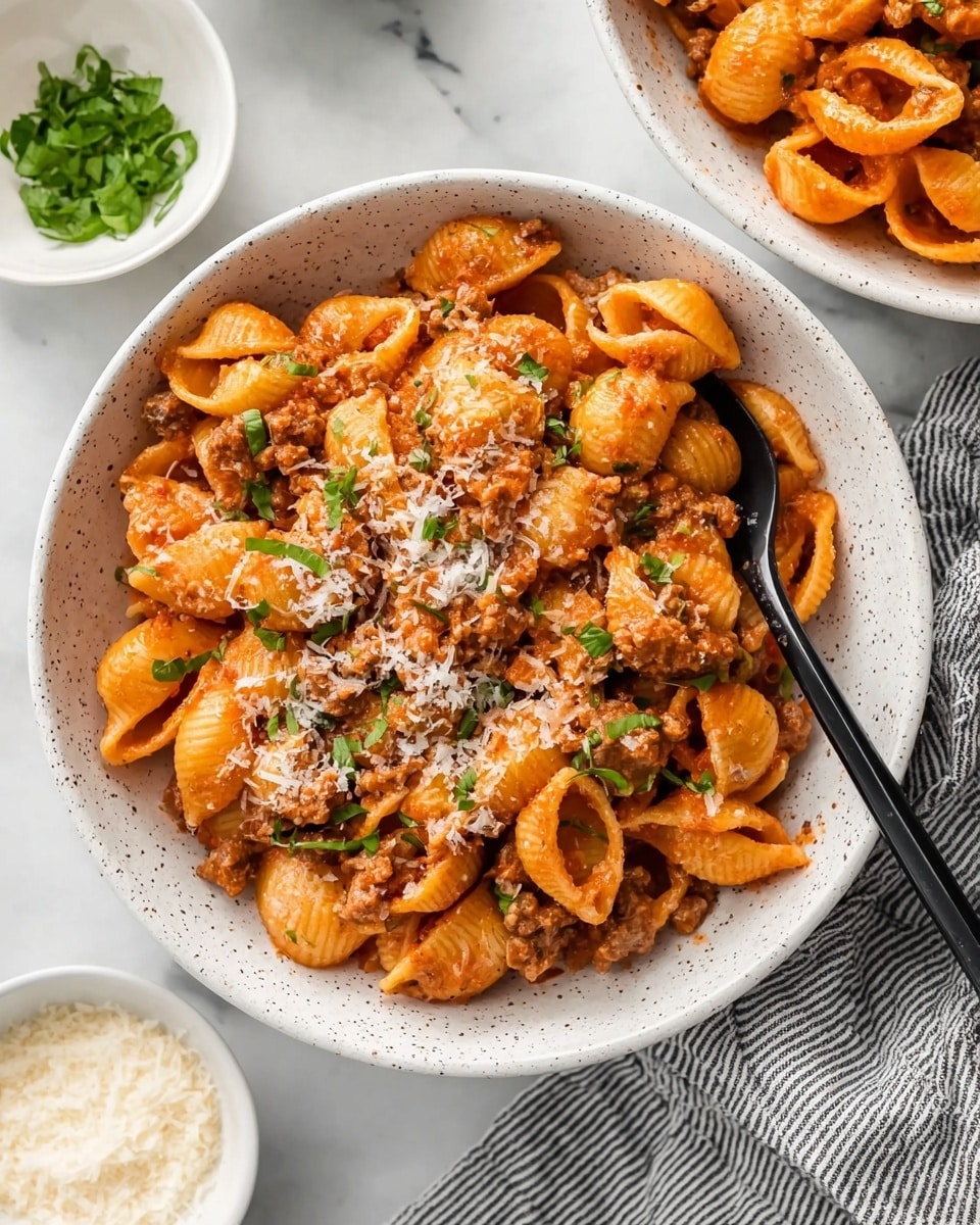 A white speckled bowl filled with medium shells pasta coated in a reddish-orange sauce that covers small pieces of browned meat scattered throughout. The pasta is sprinkled with grated cheese and chopped fresh green herbs on top, adding a touch of color. A black spoon rests on the right side inside the bowl. In the background, part of another bowl with similar pasta and two small white bowls with grated cheese and green herbs can be seen. The scene is set on a white marbled surface with a gray and white striped cloth partially visible near the bowl. photo taken with an iphone --ar 4:5 --v 7