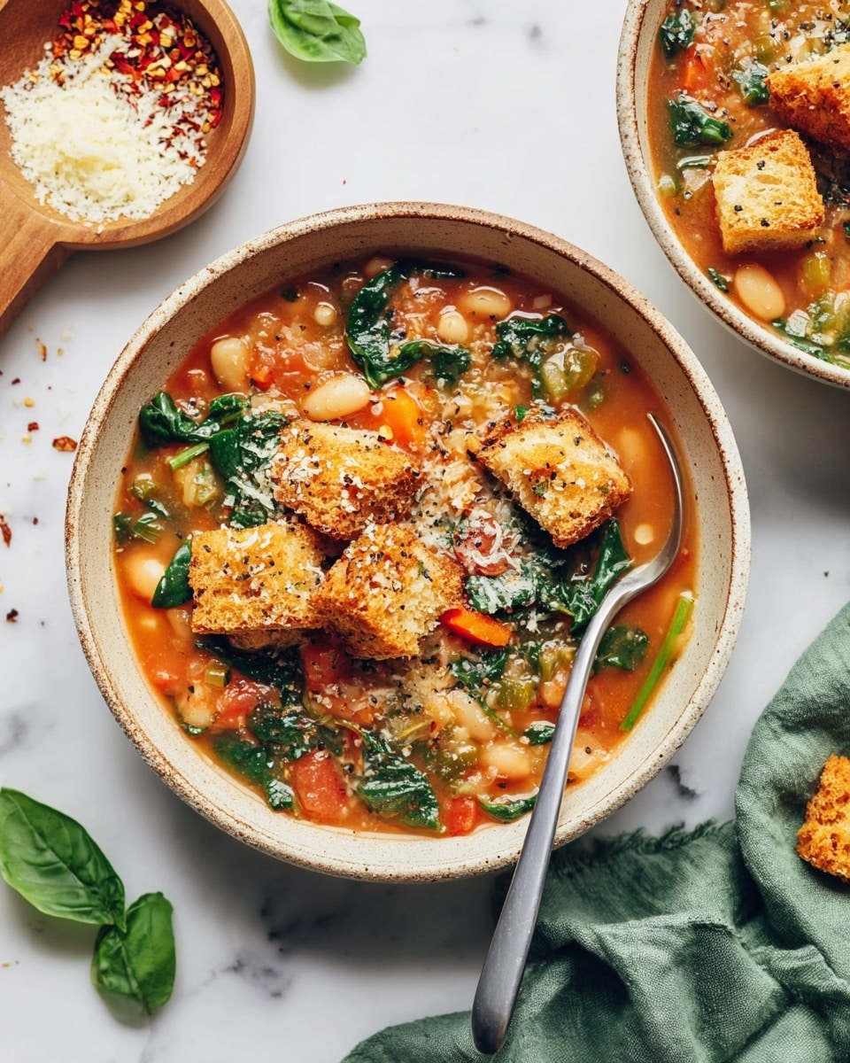 A bowl of thick soup with a reddish-orange base filled with green spinach leaves, small orange carrot cubes, and chunks of white beans. On top, there are four large, crispy, golden-brown croutons, sprinkled with grated cheese and black pepper, slightly sinking into the soup. A long silver spoon rests inside the bowl on the right side. The bowl is beige with brown speckles and sits on a white marbled surface. Nearby, there is a wooden scoop holding grated cheese, scattered small basil pieces, and some red pepper flakes. A green cloth is loosely folded next to the bowl. A second bowl with the same soup and croutons is partially visible in the top right corner, along with a few more croutons on a white plate. photo taken with an iphone --ar 4:5 --v 7