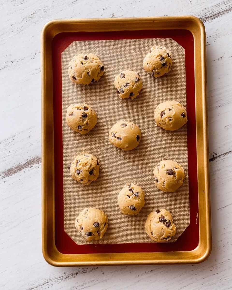 A baking tray with a beige silicone mat holds nine dough balls spaced apart. Each dough ball is light brown with small dark chocolate chips and chunks visible throughout. The tray has a golden-brown edge and is placed on a white marbled surface. photo taken with an iphone --ar 4:5 --v 7