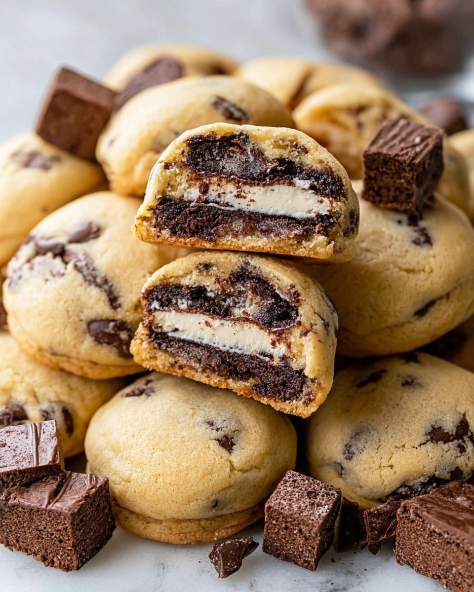 A pile of round, pale golden cookies with chocolate chips is arranged on a white marbled surface. On top of the pile, a cookie is split open, showing three layers inside: a creamy white layer in the middle, surrounded by rich, dark chocolate brownie pieces, all wrapped by the soft cookie dough crust. Around the cookies, several small, dark brown brownie cubes add a deep, fudgy contrast. The texture looks soft and thick with slight cracks on the cookie tops. photo taken with an iphone --ar 4:5 --v 7