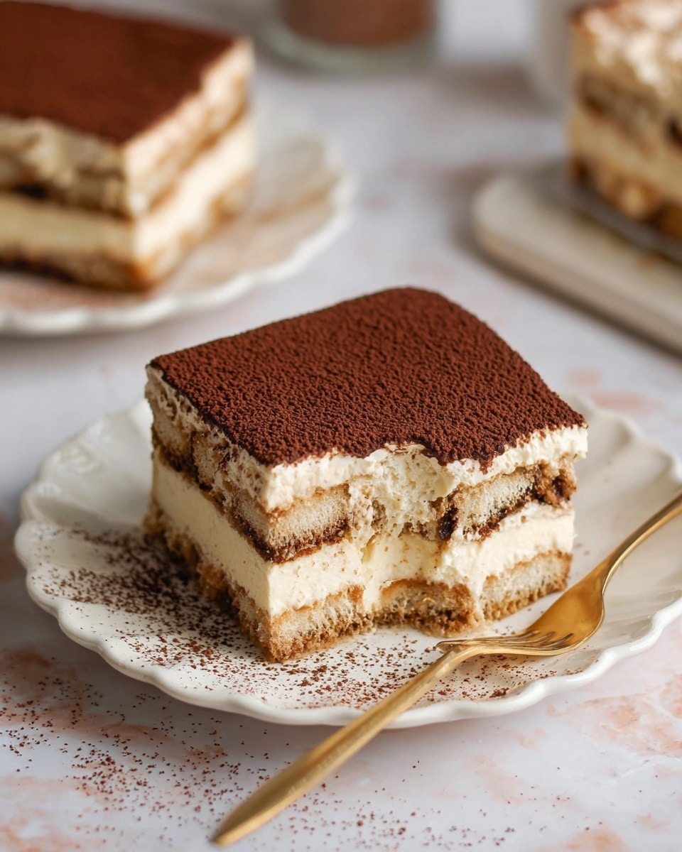 A square slice of tiramisu on a white scalloped plate shows three visible layers: the top layer is dark cocoa powder dusted thickly, below it is a creamy light beige mascarpone layer, then a coffee-soaked sponge layer, another creamy mascarpone layer, and a final coffee-soaked sponge base. A bite has been taken from one corner, revealing soft and smooth textures inside. The plate has light smudges of cocoa and cream near the dessert, with a gold fork beside it. The surface beneath has a white marbled texture. In the background, another piece of tiramisu is softly out of focus on a similar white plate, and a blurred container is also visible. Photo taken with an iphone --ar 4:5 --v 7