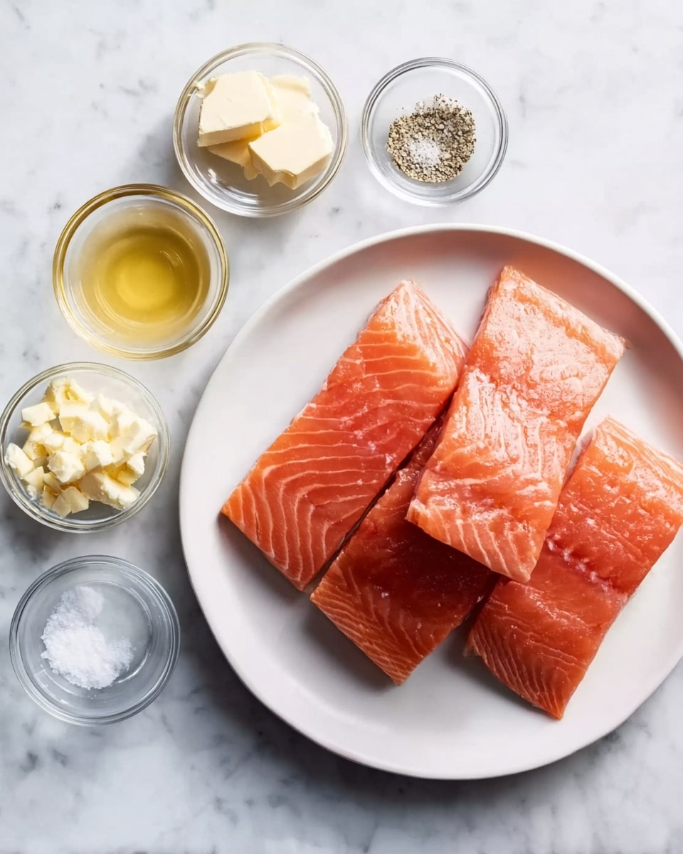 The image shows a white plate on a white marbled surface, holding four pieces of raw salmon fillet with a bright orange-pink color and smooth texture, slightly overlapping each other. To the left of the plate, there are five small clear glass bowls arranged in a loose circle, containing different ingredients: one with a pale yellow oil, one with minced garlic, one with cubed butter, one with a mix of salt and ground pepper, and one with a white liquid. The scene is bright and clean, with soft natural light highlighting the colors and textures of the salmon and ingredients. photo taken with an iphone --ar 4:5 --v 7
