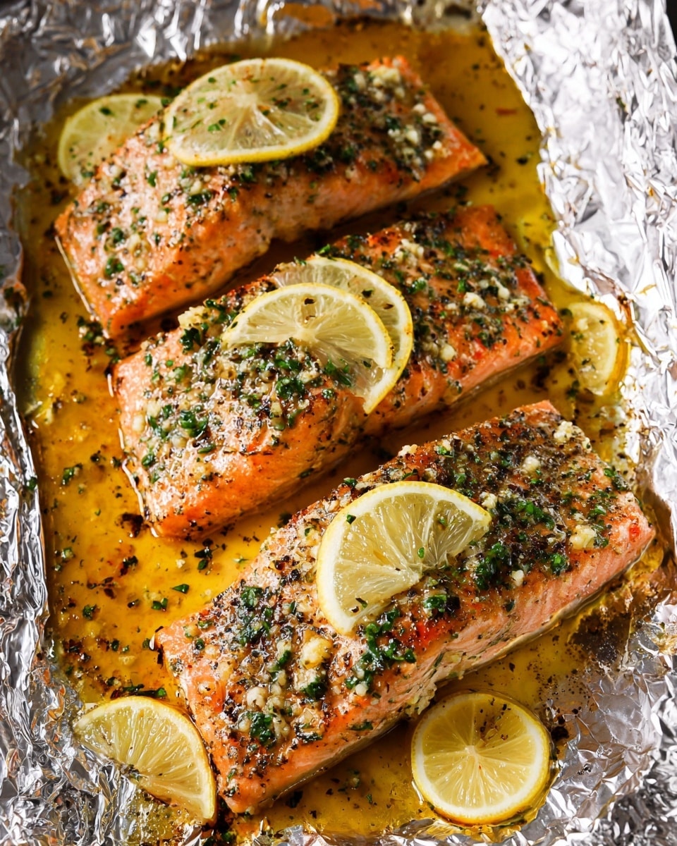 The image shows three cooked salmon fillets laid on crinkled silver foil covering a flat surface. Each fillet is orange with a slight crisp and is covered with a green-herb and white garlic mixture. On top of each fillet rests a small wedge of bright yellow lemon. Around the salmon are additional lemon wedges partly submerged in shiny yellow-orange juices that pool at the base of the foil. The foil's shiny texture contrasts with the soft salmon and fresh lemon slices. photo taken with an iphone --ar 4:5 --v 7