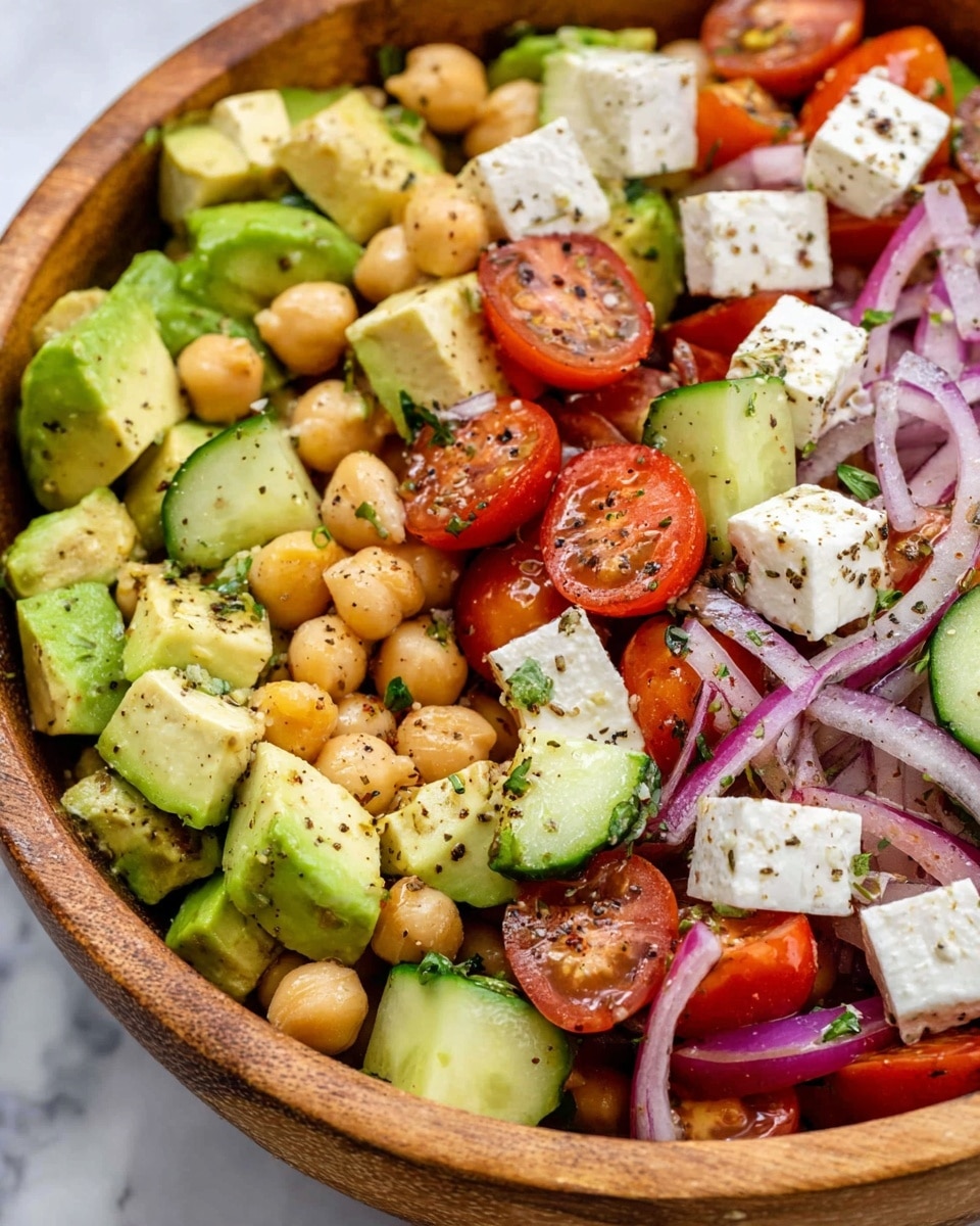 A close-up view of a fresh salad in a wooden bowl featuring multiple colorful layers: the base layer contains round beige chickpeas, unevenly spread. On top, there are thick chunks of light green avocado and bright cucumber pieces, both with smooth textures. Scattered throughout are small, bright red cherry tomato halves with shiny skins. Thin slices of purple-red onion add sharp color contrast. White cubes of feta cheese with a soft texture are unevenly placed around the salad. The dish is sprinkled with small green herb leaves and specks of black pepper, all set against a white marbled textured surface. photo taken with an iphone --ar 4:5 --v 7