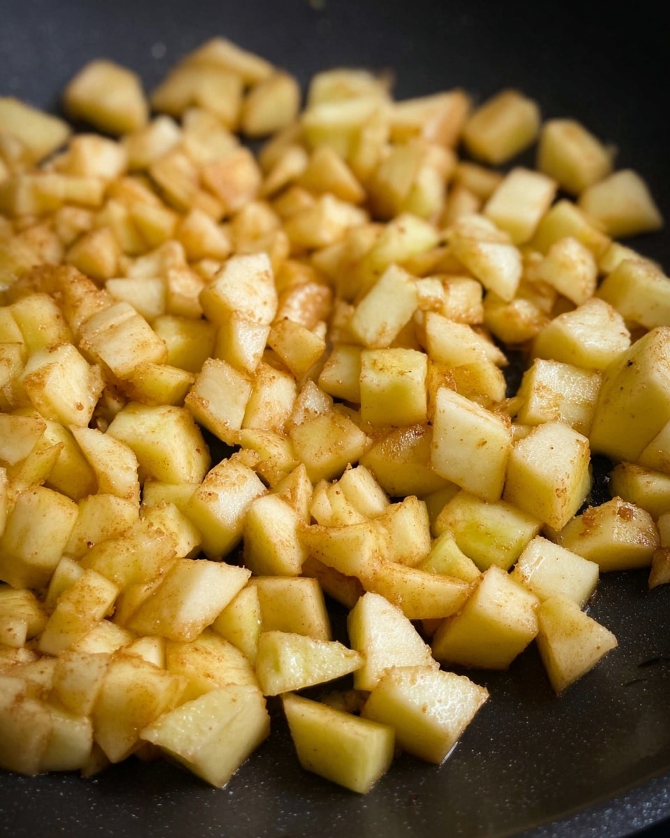 The image shows many small pieces of peeled apples that are slightly cooked or sautéed, spread evenly in a matte black pan. Each apple piece is light yellow with a touch of soft brown seasoning, giving a warm look. The pieces have a soft but firm texture with some slight gloss from the cooking process. The background is not visible clearly, focusing only on the apple pieces inside the pan. photo taken with an iphone --ar 4:5 --v 7