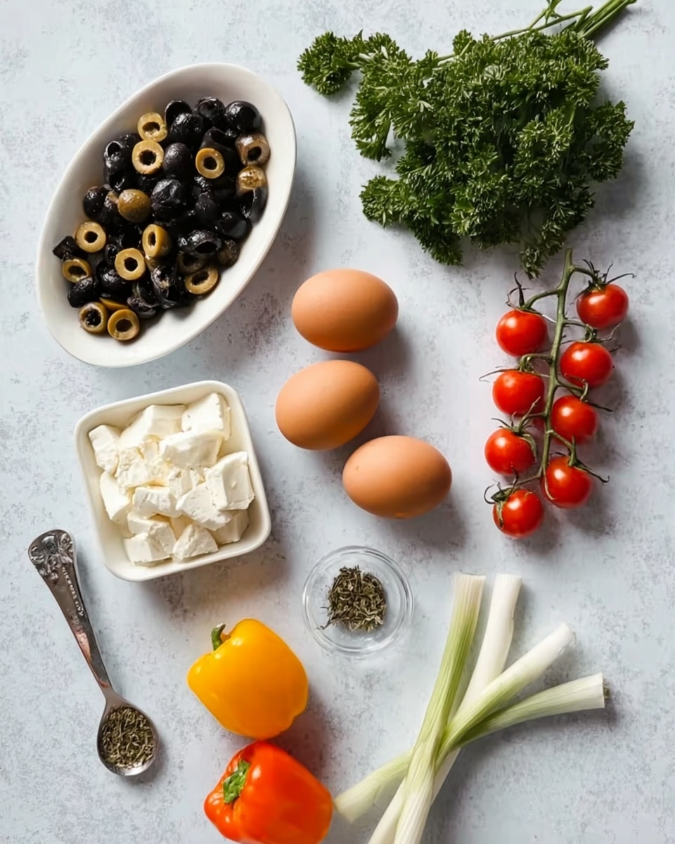 The image shows a white oval plate near the top left corner filled with sliced black olives and green capers. Below the plate, there is a small square white dish with pieces of white cheese. To the right of the plate and cheese, there are four brown eggs arranged in a diamond shape. Above the eggs, fresh green parsley rests on the white marbled surface. Near the top right corner are two small bunches of cherry tomatoes still on the vine. On the right bottom side, two white and green scallions are placed diagonally. To the left of the eggs, there are three small colorful peppers: one yellow, one red, and one orange, all placed close together. A small spoon with green dried herbs is near the cherry tomatoes. The surface is white marbled. Photo taken with an iphone --ar 4:5 --v 7