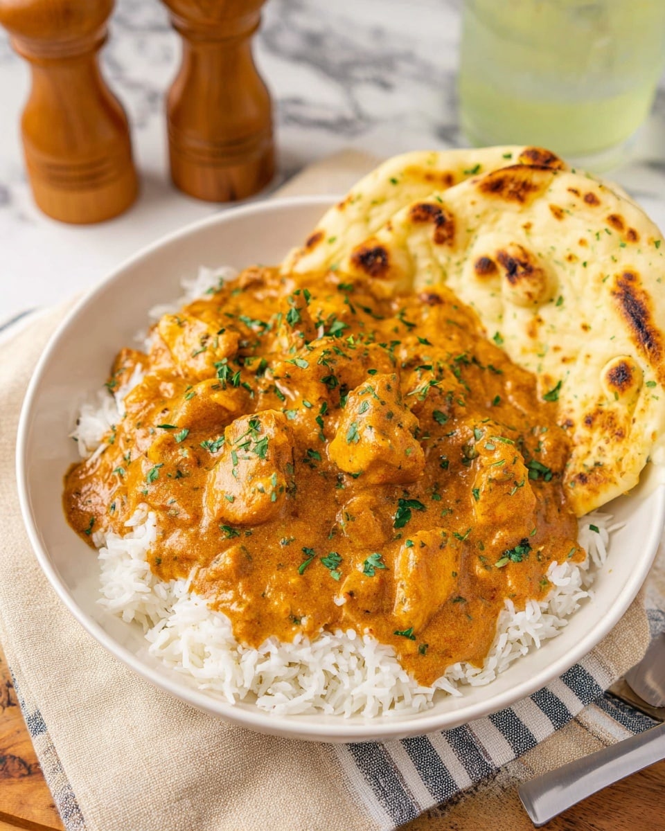 A white plate holds a bed of white rice covered with a thick orange-brown curry containing chunks of chicken and sprinkled green herbs on top. Two pieces of slightly charred naan bread rest on the right side of the plate. The plate is set on a white marbled surface with a beige and gray striped cloth underneath. In the background, there are two wooden salt and pepper shakers and a glass container with a light green liquid. Photo taken with an iphone --ar 4:5 --v 7