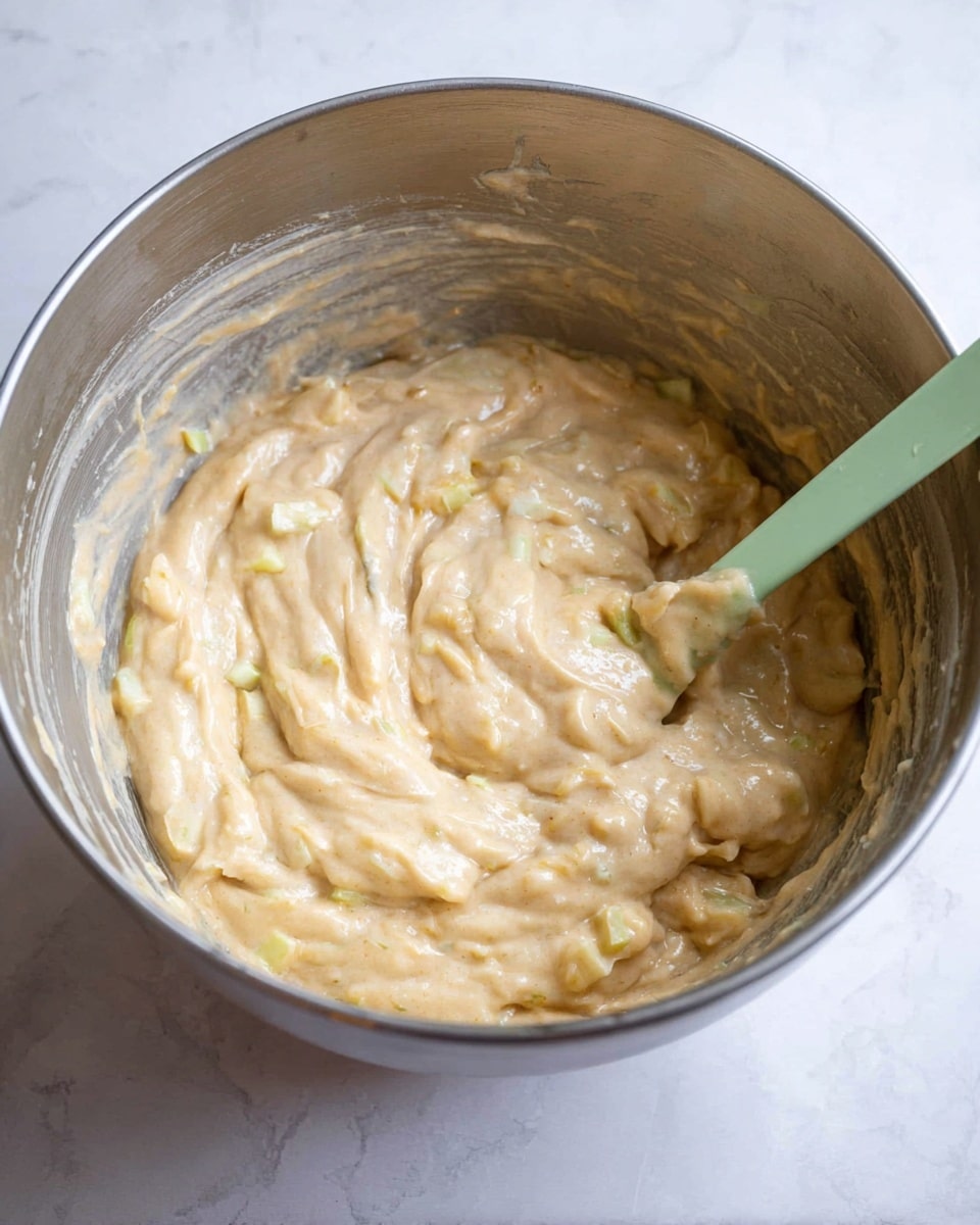 Inside a large silver mixing bowl on a white marbled surface, there is a thick, beige batter with a smooth but slightly lumpy texture from pale yellow, small diced pieces mixed in evenly throughout. A pale green spatula is partially inserted into the batter, creating swirls on top. The batter looks creamy and dense with visible small chunks floating in it. Photo taken with an iphone --ar 4:5 --v 7